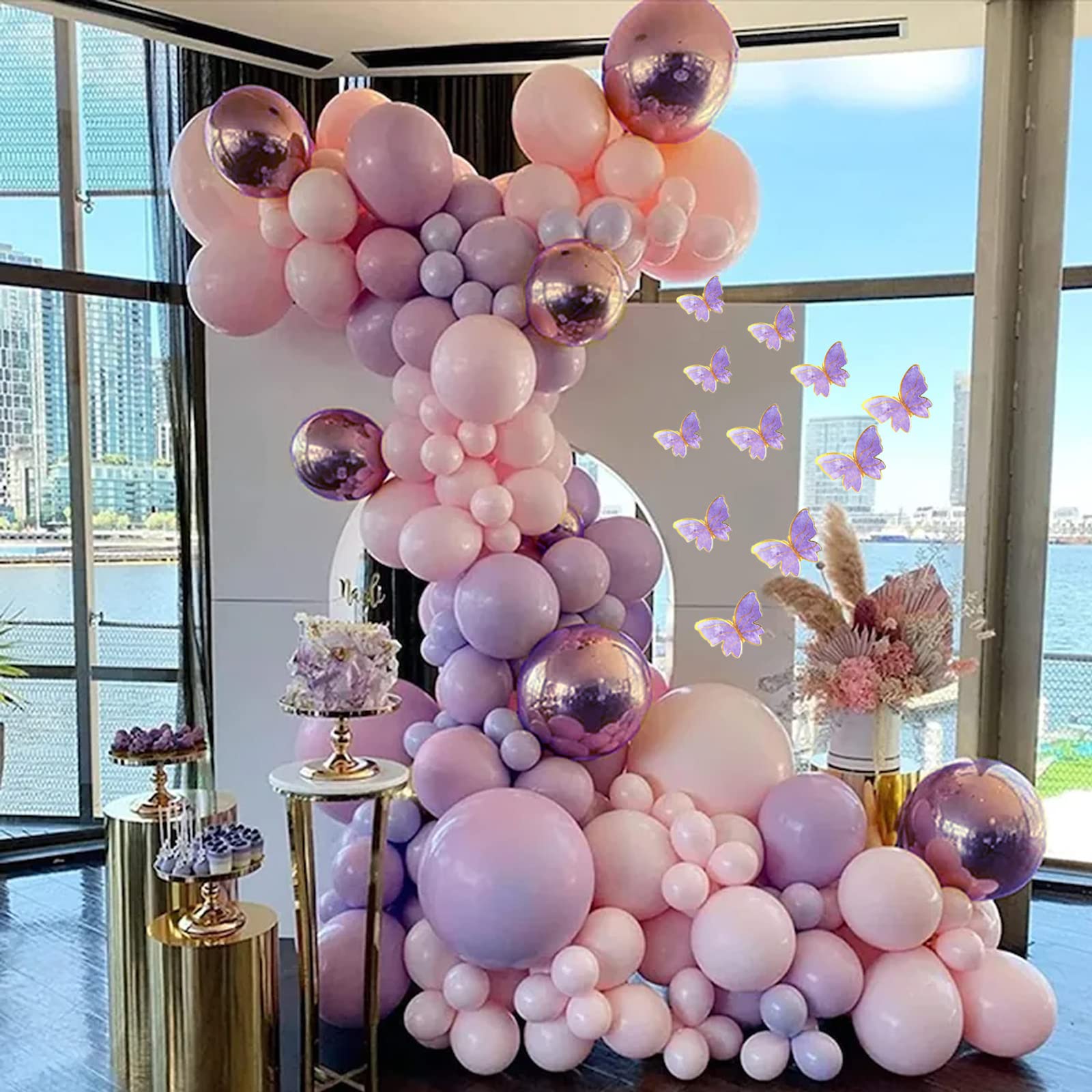135 Pcs Pink & Purple Baby Shower Decorations Kit - Metallic Lavender Balloon Arch Garland, Double Stuffed Balloons & Butterfly Stickers for Girls' Fairy First Birthday Party Decor (Perfect for Baby Showers, Gender Reveals & Birthday Celebrations)