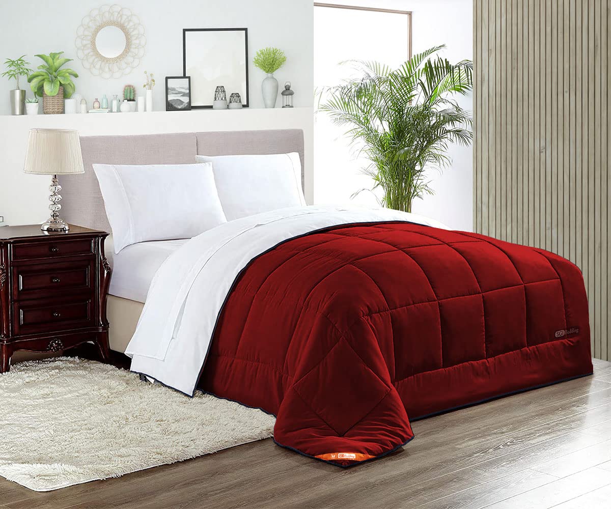 Premium Down Alternative Comforter - 300 GSM Plush Siliconized Fiberfill, 600 TC Egyptian Cotton, Box Stitched Quilted Design with Navy Blue Piping | White & Burgundy | Ultra Soft & Fluffy for All-Season Comfort - Perfect for Master Bedroom, Guest Room, or Cozy Winter Nights