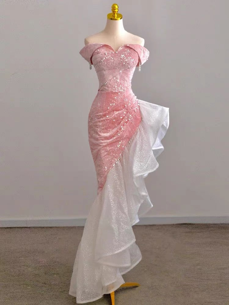 Elegant Off Shoulder Pink Mermaid Prom Dress with Ruffle Details J3221 - Perfect for Homecoming, Quinceañera & Evening Gala Events