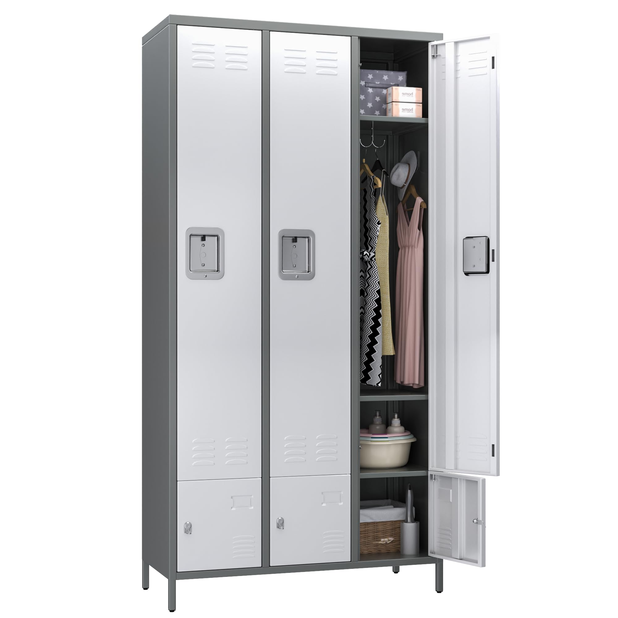 Aobabo Heavy Duty Metal Storage Locker with 9 Hooks - 6-Door Combination Lock Cabinet for Office, Gym, Bedroom & Dormitory (Grey & White) - Perfect for Employee Storage, Sports Gear Organization & School Locker Room - Assembly Required
