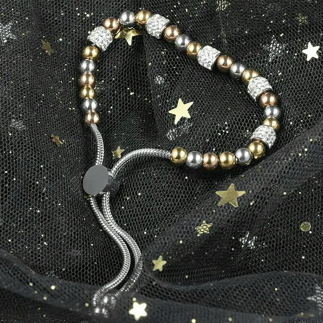 Steel Dainty Bead Slider Bracelet Adjustable Crystal Accents Gold & Silver Tone Jewelry for Women Gift Everyday Wear