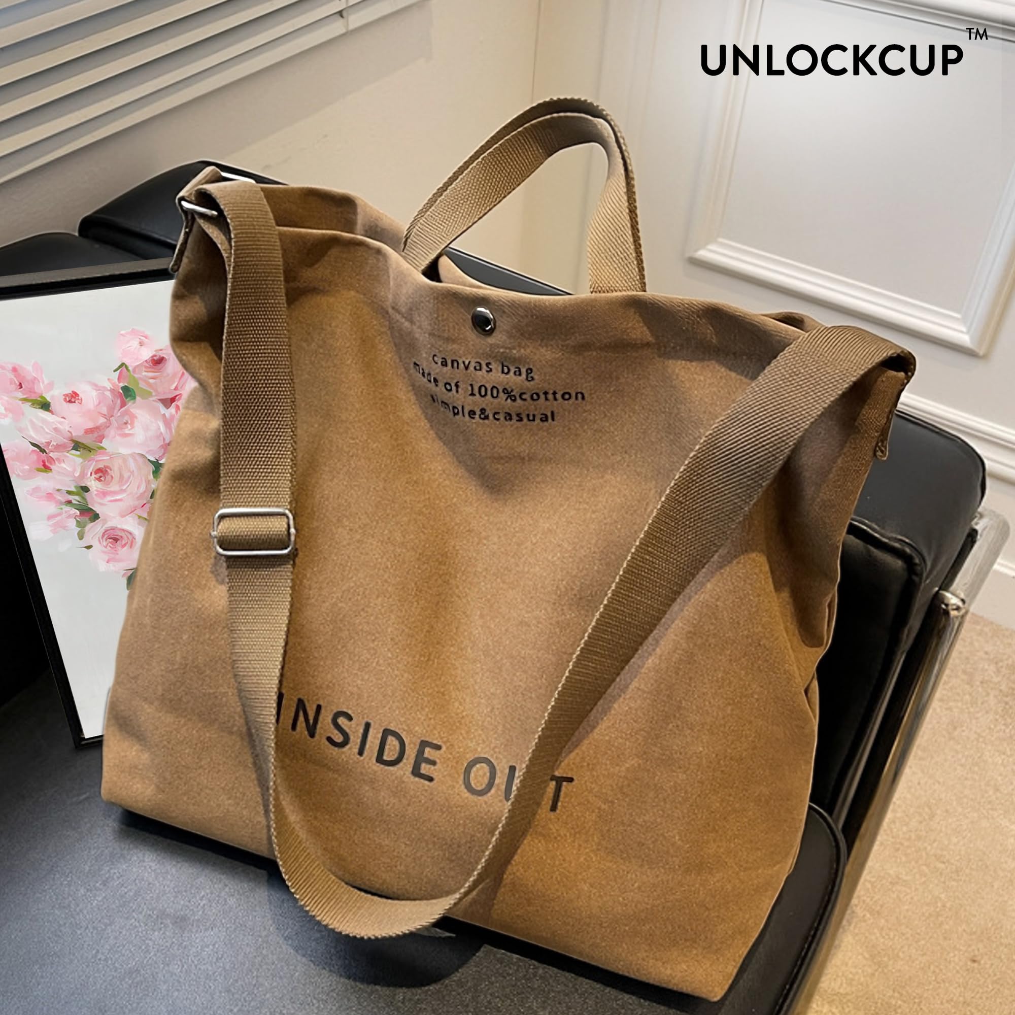 Stylish Large Canvas Tote Bag for Women - 100% Cotton Crossbody Shoulder Bag with 16oz Capacity - Perfect for Work, Travel, Beach & Shopping