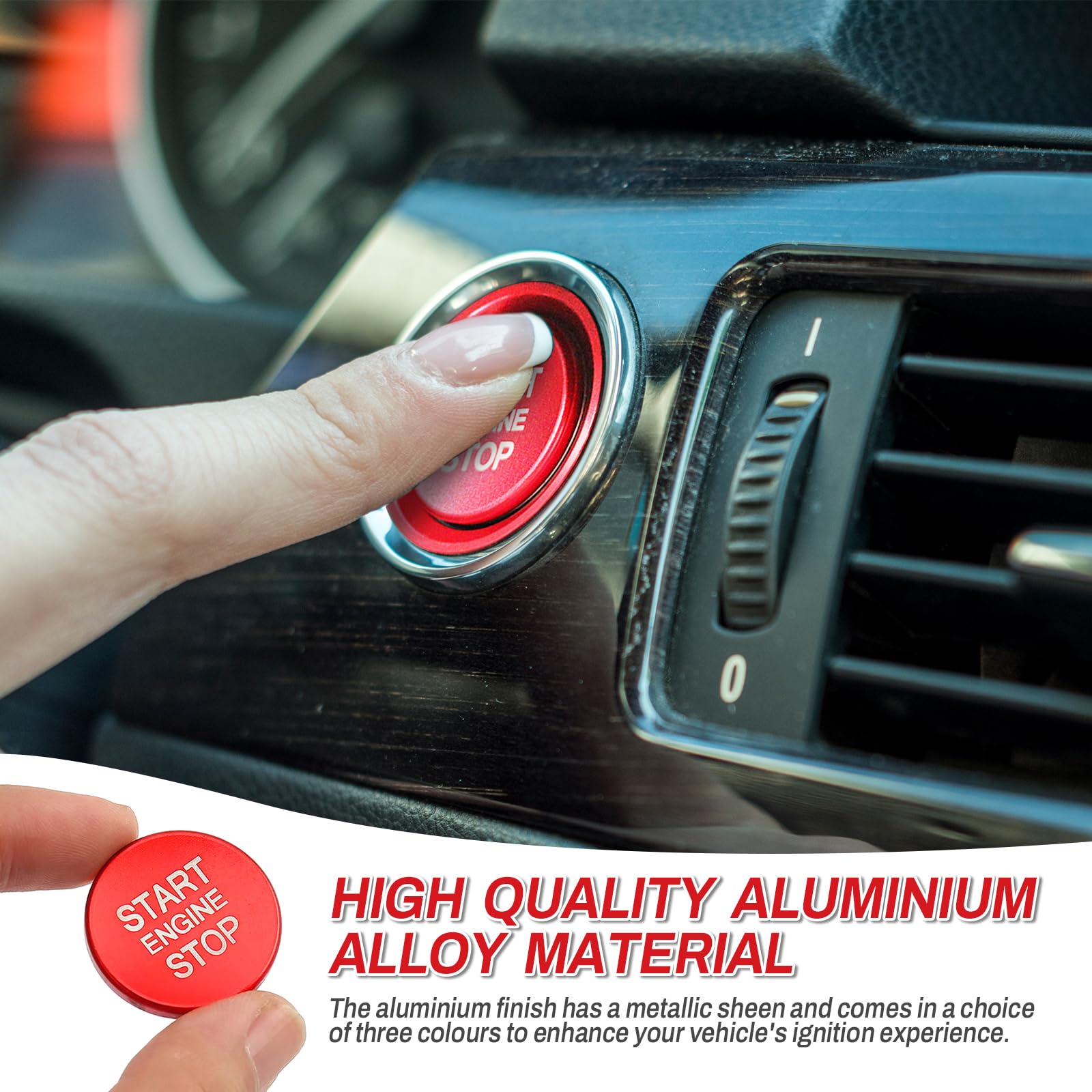 Premium Aluminum Car Push Start Button Cover - Engine Start Stop Button Decoration with Ring, Red Ignition Button Cover for Interior Car Accessories | Enhance Your Vehicle's Style & Protect Your Ignition Switch (Perfect for Daily Commute, Road Trips & Car Enthusiasts)