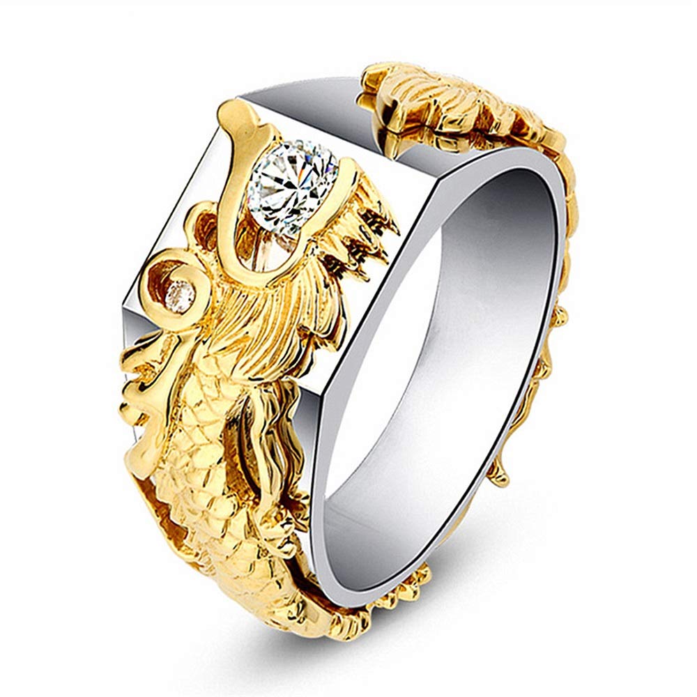Celtic Dragon Titanium Wedding Rings for Couples - Golden Black Silver Two-Tone Feng Shui Fortune Ring for Men & Women