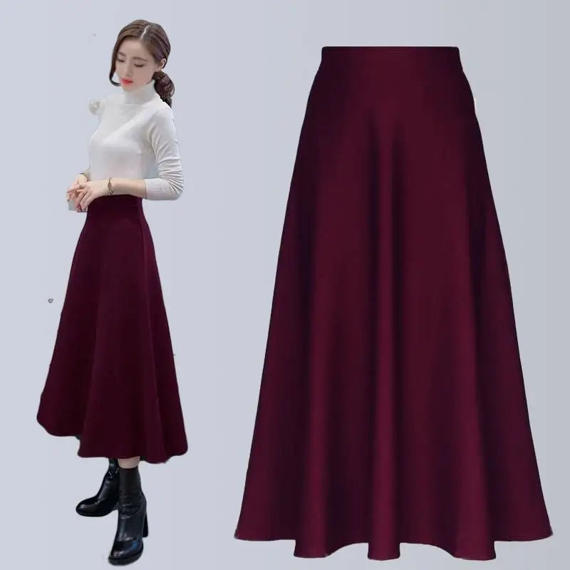 Black Elastic High Waist Pocket Long Skirt for Women - Plus Size Pleated Casual Skirt - Versatile Slimming Midi Skirt for Spring & Fall | Perfect for Office, Dating & Travel
