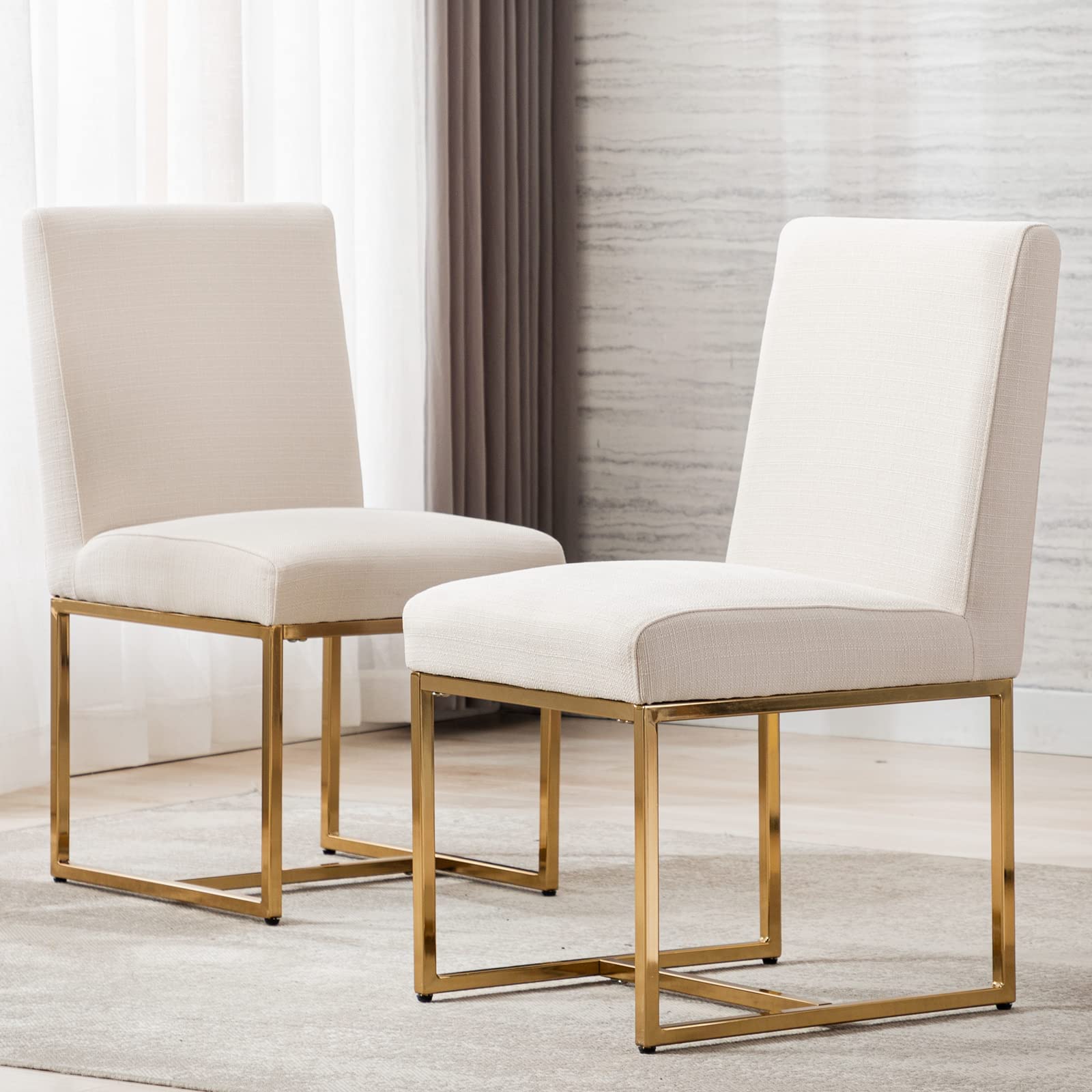 Modern Dining Chairs Set of 2 - Mid Century Upholstered Kitchen Chairs with Linen Fabric & Gold Metal Frame - Cream Color for Dining Room, Kitchen, Breakfast Nook & Home Decor