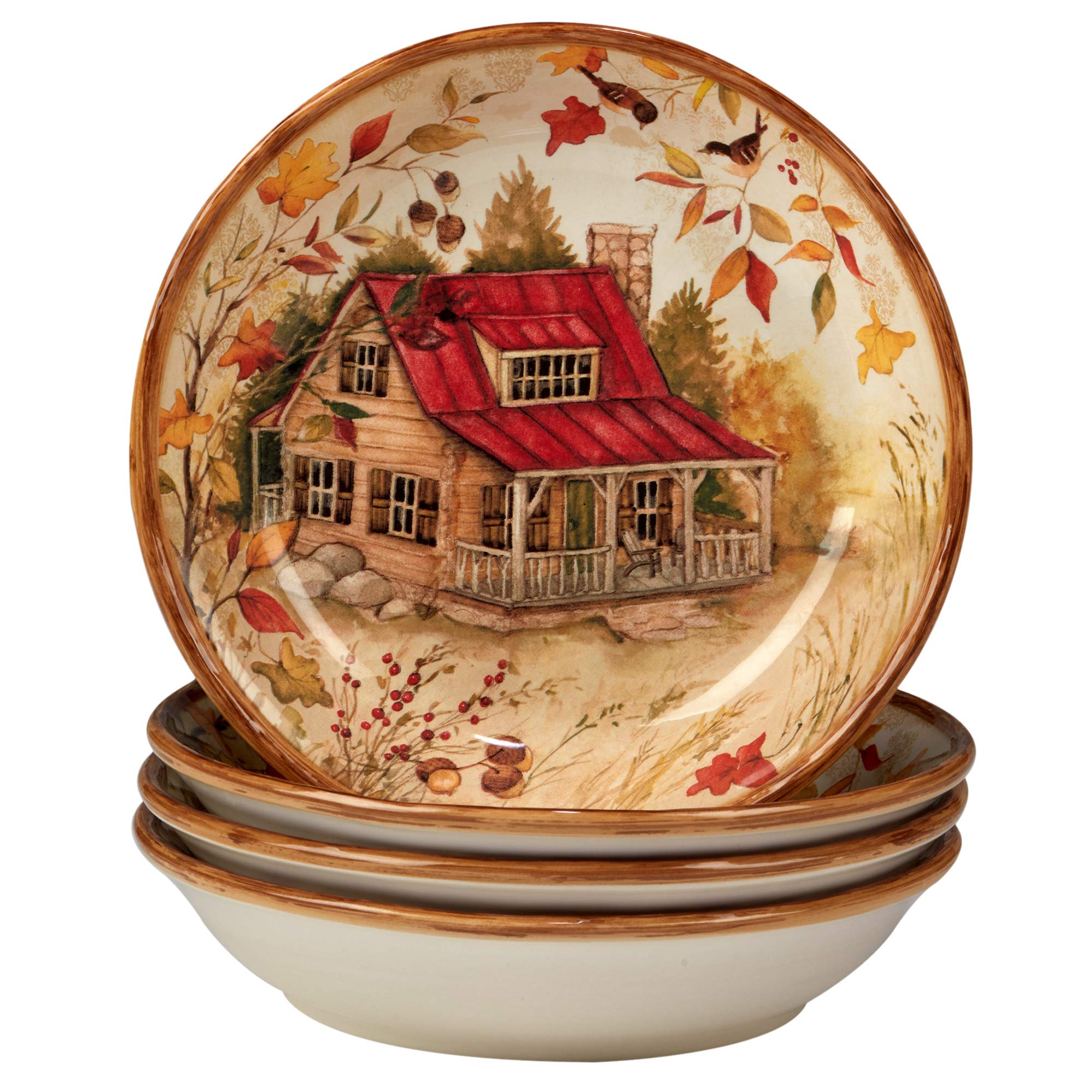 Certified International Pine Forest 24 oz. Soup and Cereal Bowls, Set of 4 - Durable Porcelain Bowls for Soup, Cereal, Pasta, Ice Cream & Everyday Dining
