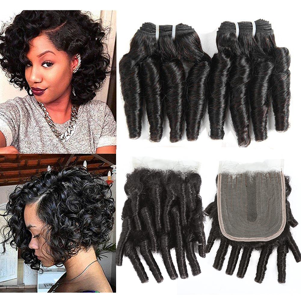 Brazilian Funmi Hair Curly Weave 3 Bundles with 2x4 Lace Closure | 100% Human Hair Extensions | Natural Black (10 12 14+10) | 100g/pc | Burmese Curly Bundles | Perfect for Daily Styling, Parties & Special Occasions