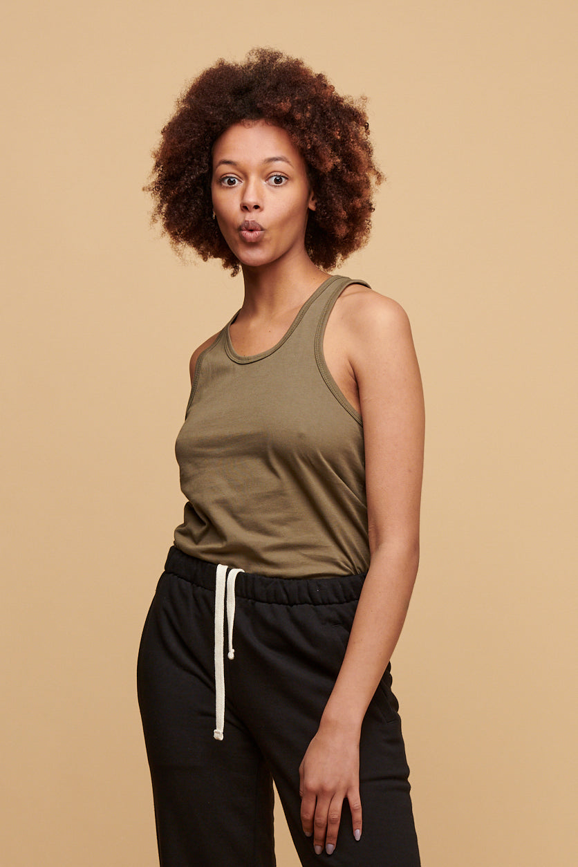 Eco-Friendly Women's Racerback Tank Top - Plastic-Free Olive Green for Yoga, Running & Gym Workouts