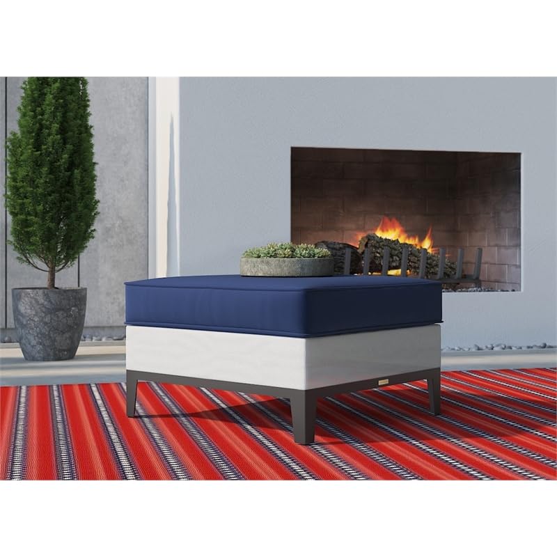 Tommy Hilfiger Hampton Outdoor Ottoman - Coastal White & Navy Stripe - Weather-Resistant Patio Furniture for Poolside, Deck or Garden Relaxation