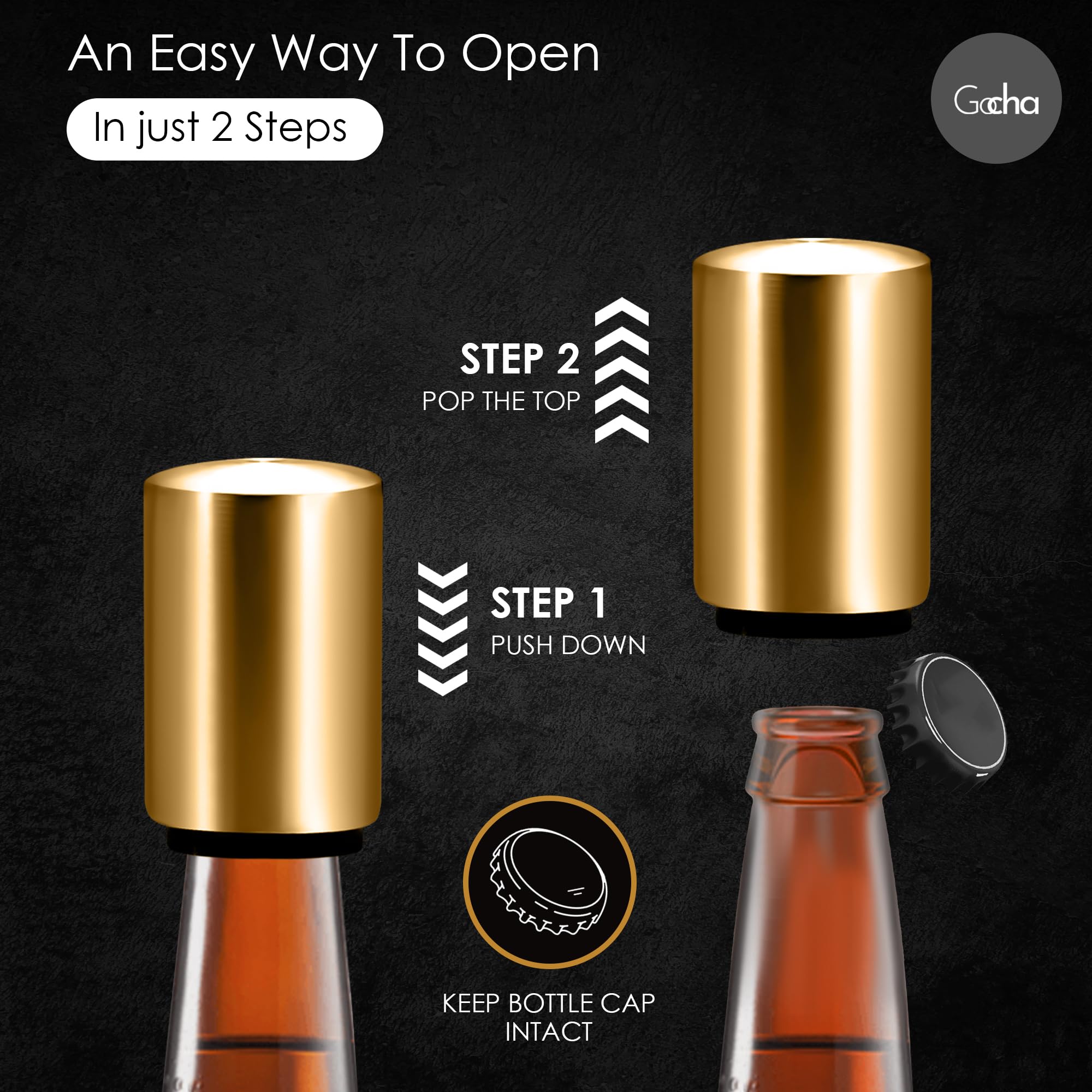 Stainless Steel Magnetic Bottle Opener - Automatic Push & Pull Beer Cap Opener with Magnetic Catcher - Gold (Pack of 1) - Perfect for Home Bars, Parties, Camping & Outdoor Adventures