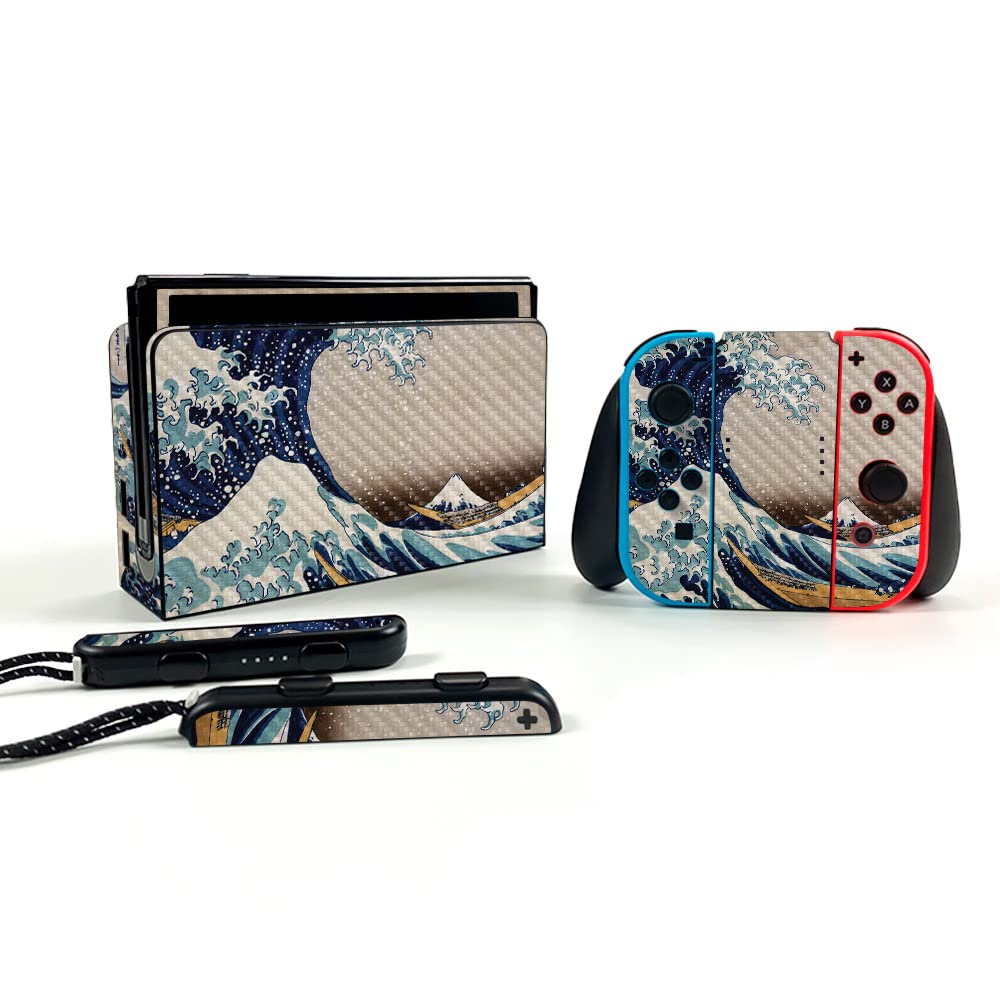 Premium Carbon Fiber Skin for Nintendo Switch OLED - Great Wave of Kanagawa Design | Protective & Durable Textured Cover | Easy Application | Made in USA | Perfect for Gaming Protection & Style Enhancement