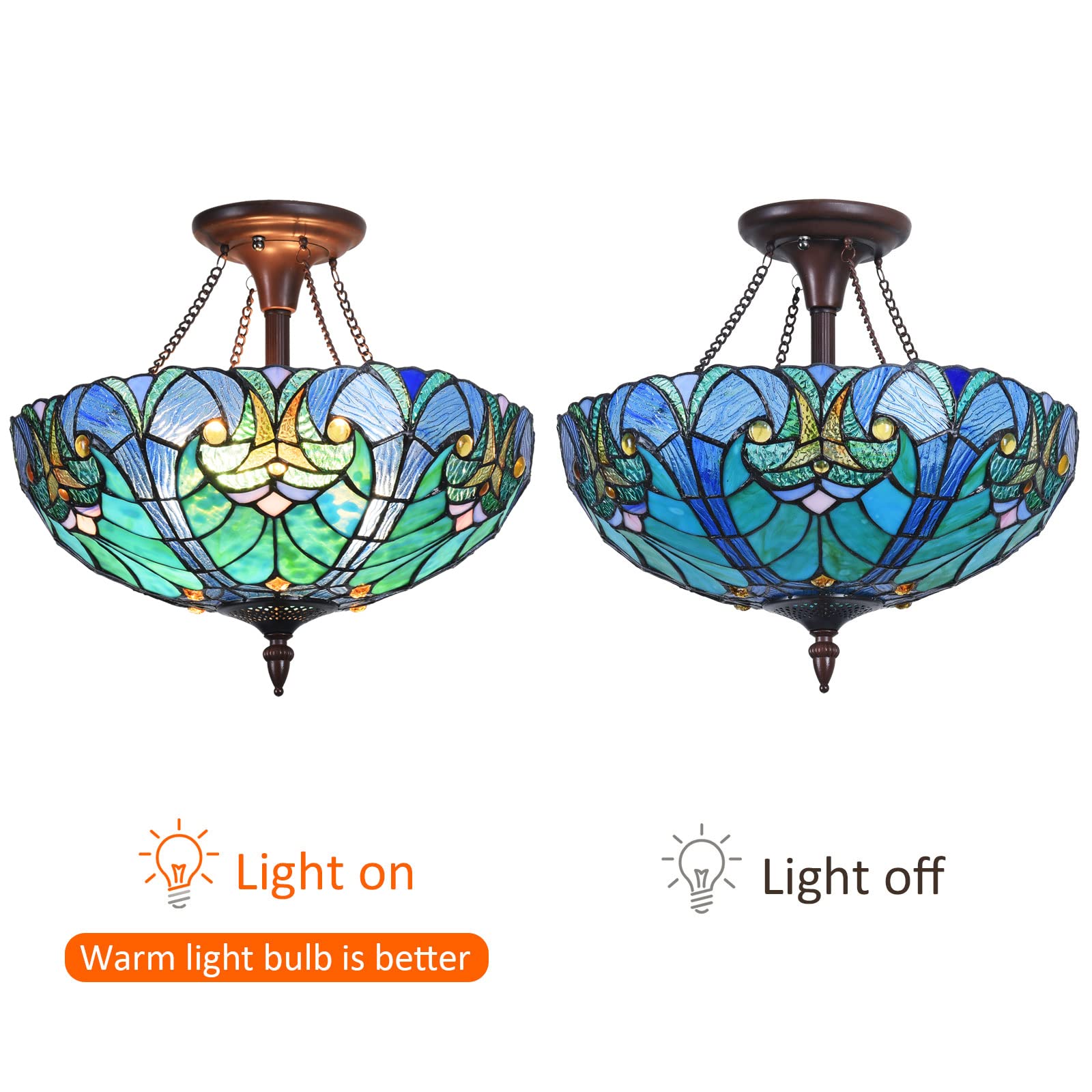 Tiffany Style Ceiling Light Fixture - 16 Inch Stained Glass Victorian Semi-Flush Mount Lamp with 2 Lights - Perfect for Hallway, Bedroom, Kitchen & Dining Room Lighting