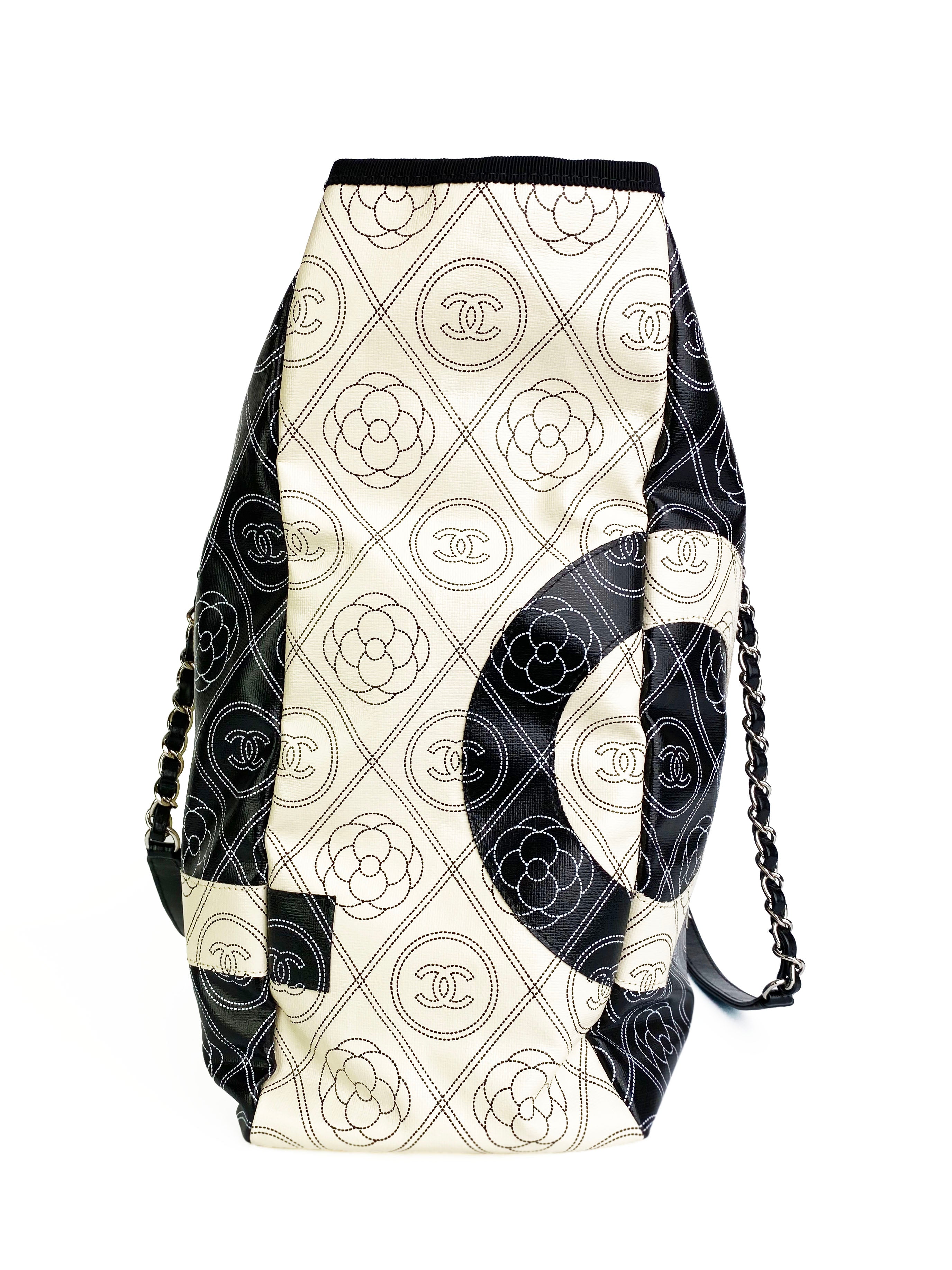Chanel Black & White Logo Camellia Large Shopping Tote Bag - Luxury Designer Handbag for Women, Perfect for Work, Travel & Everyday Use