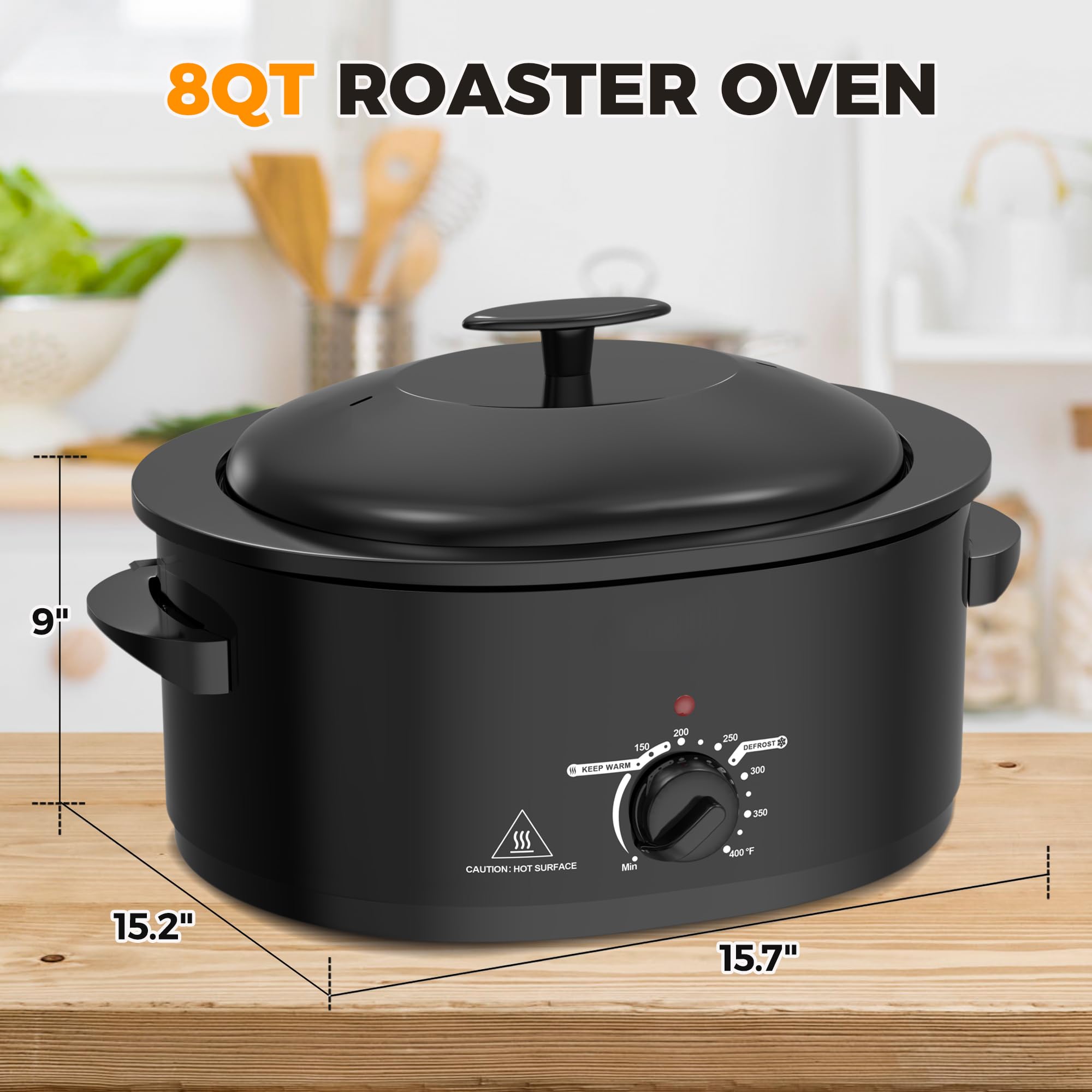 8 Quart Stainless Steel Roaster Oven with Self-Basting Lid, Removable Roasting Rack, Turkey Defrost & Warm Function, Adjustable Temperature for Slow Cooking, Black - Perfect for Holiday Dinners, Family Gatherings & Large Meal Prep