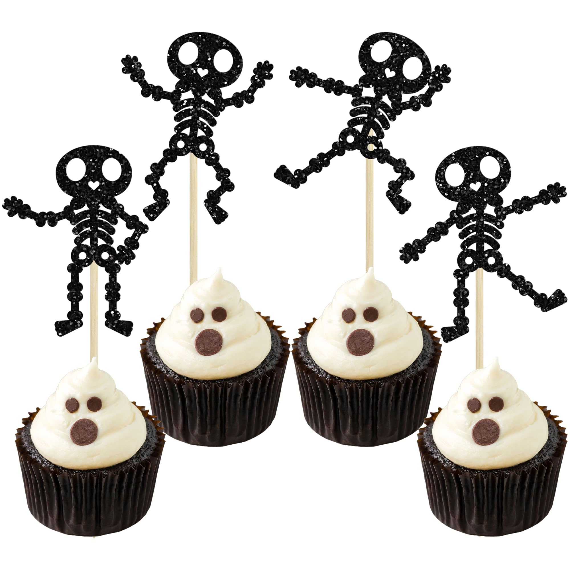 24Pcs Halloween Skull Cupcake Toppers - Spooky Skull Dance Cake Decorations for Halloween Parties, Baby Showers & Birthday Celebrations - Black Halloween Party Supplies for Kids & Adults