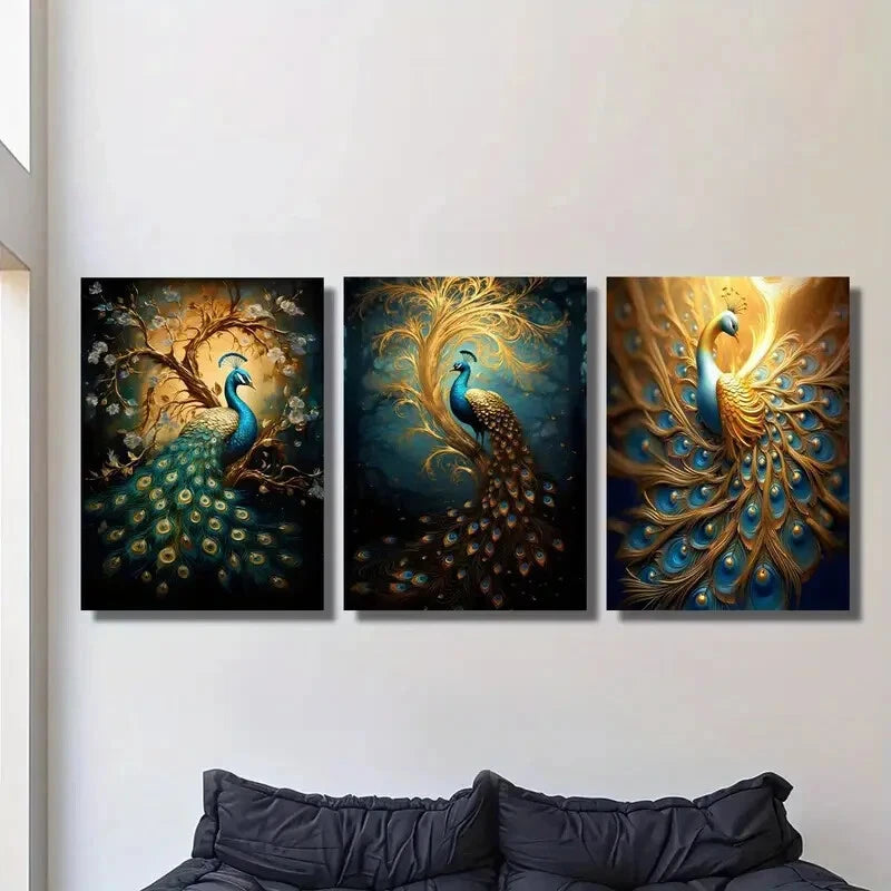 3-Piece Golden Peacock Metal Wall Art with Vibrant Blue & Gold Print - Ready to Hang Home Decor for Living Room, Bedroom & Office