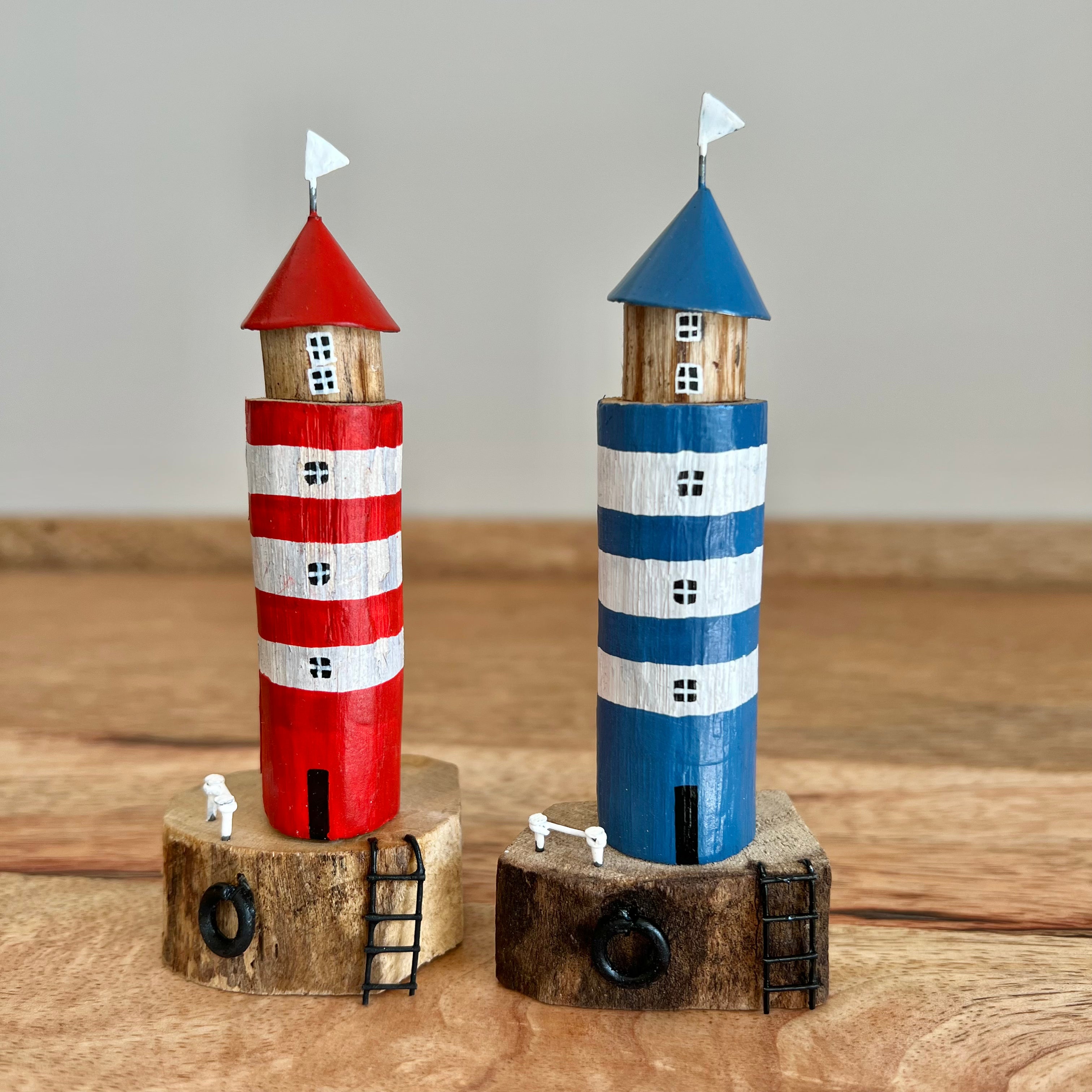 Red or Blue Striped Lighthouse Decor - Vintage Nautical Coastal Theme for Home, Office, or Beach House Decorations