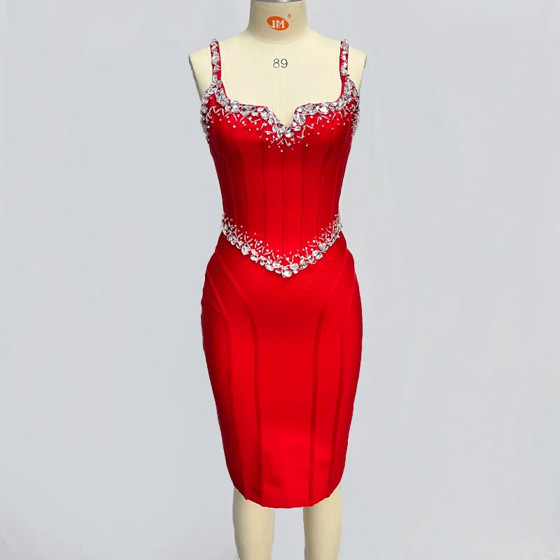 Sexy Black & Red Sleeveless V-Neck Bodycon Mini Dress for Women - Crystal Embellished Bandage Clubwear for Nightclub, Party & Birthday Celebrations | Perfect for Cocktail Parties, Date Nights & Special Occasions