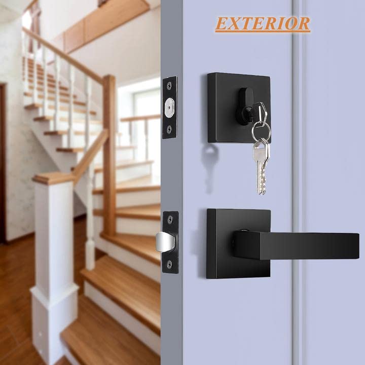 Probrico Modern Square Lock Set - Flat Black Passage Door Lever with Double Cylinder Deadbolt Combo (Keyed Alike) - 1 Pack Exterior Door Handle & Deadbolt Set for Home Security & Entry Doors