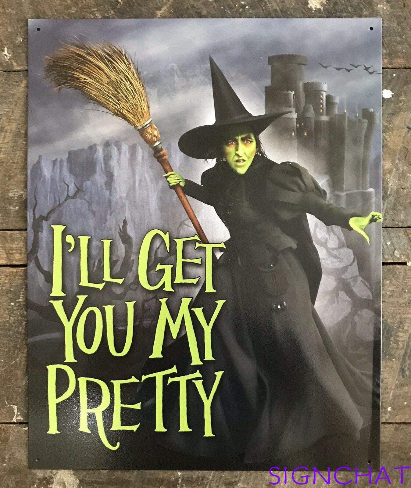 Halloween Metal Wall Decor - 'Wicked Witch I'll Get You My Pretty' English Text Sign - 8x12 Inches (20.3x30.5cm) - Perfect for Spooky Home Decor, Party Supplies & Haunted House Theming