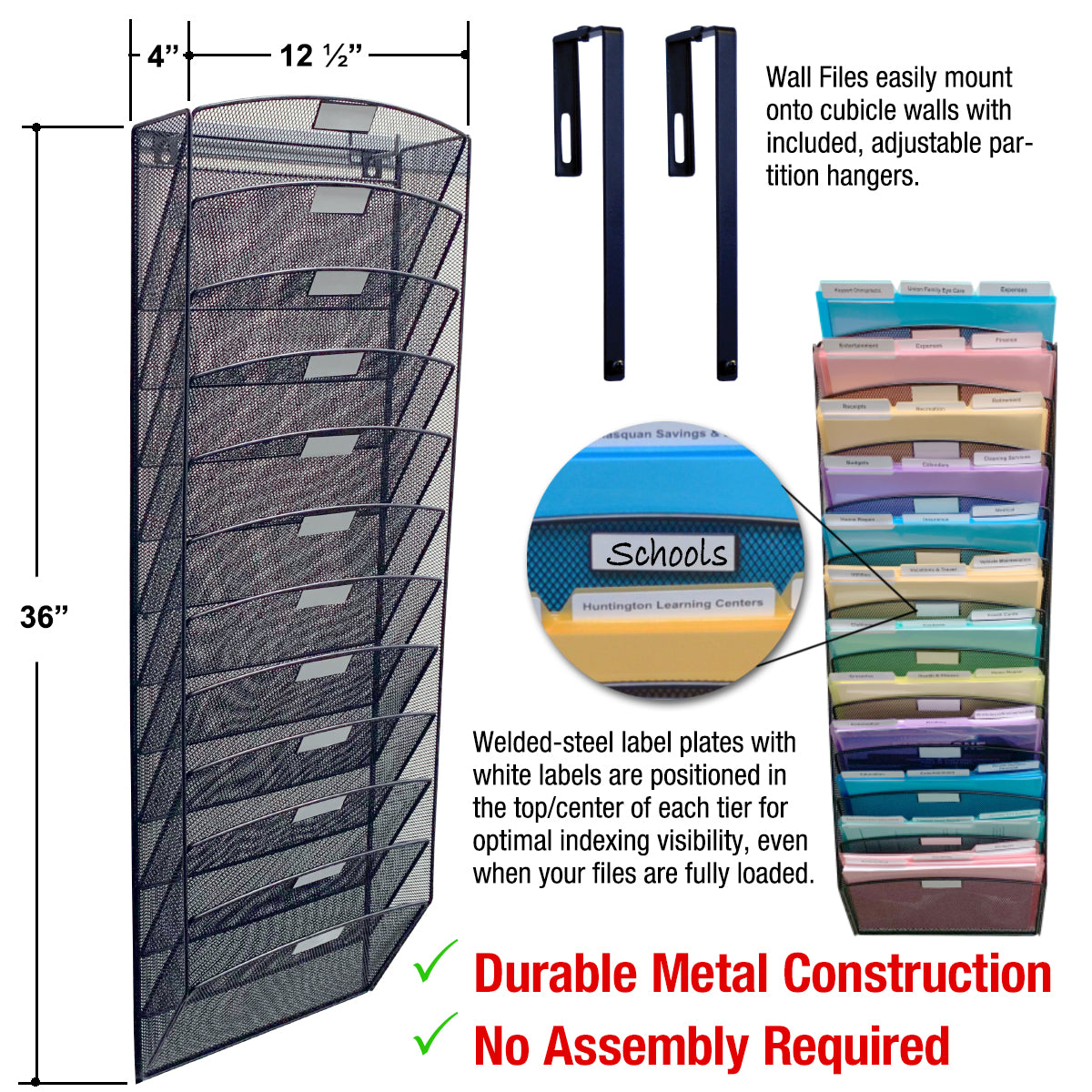 12-Tier Mesh Wall File Organizer - High Capacity Office Cubicle Organizer with 18 PocketFiles™ - Black - Perfect for Desk Organization & Document Storage in Home & Office Workspaces