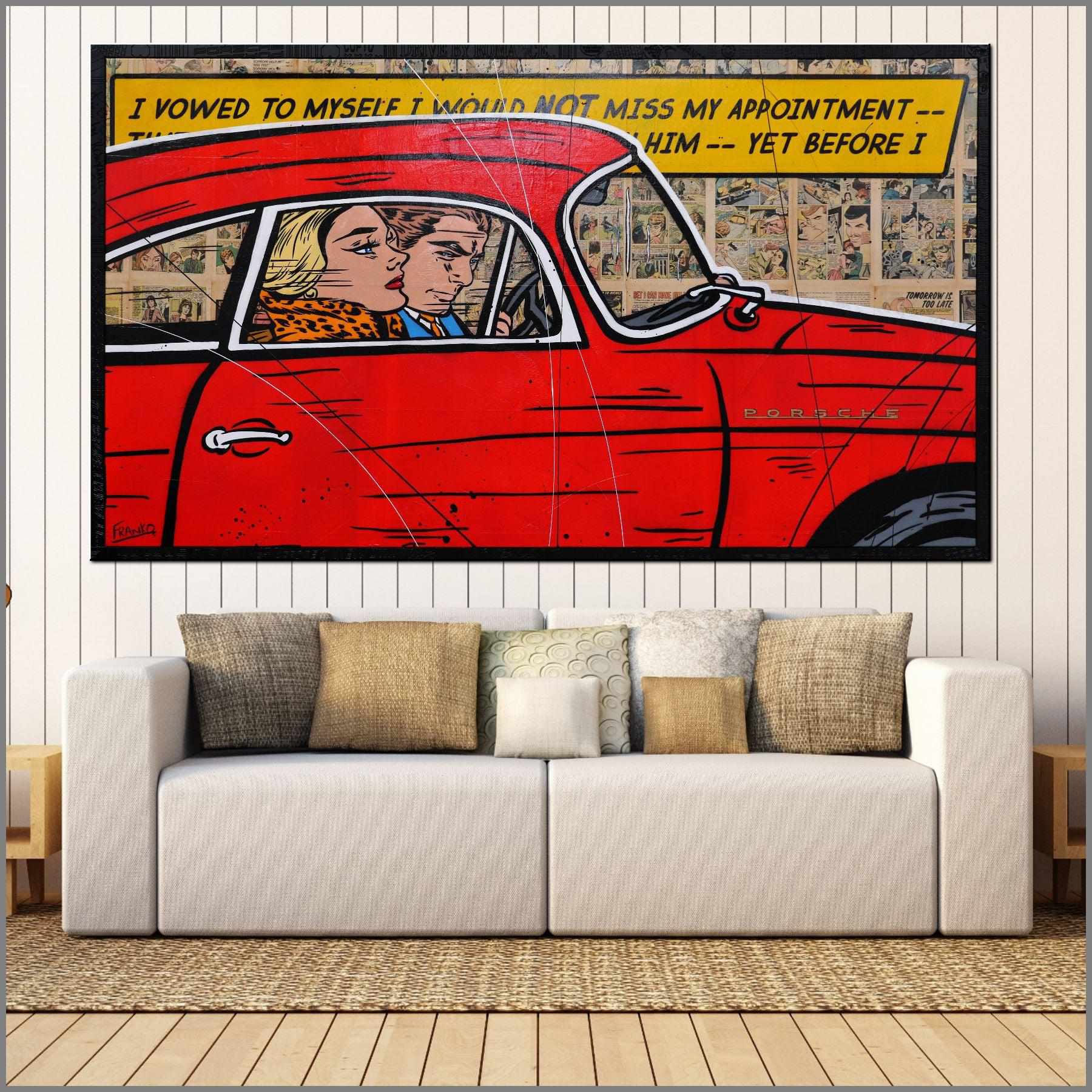 Porsche Comic Book Pages Urban Pop Art Painting - 180cm x 100cm Custom Etched Frame Wall Decor for Living Room, Office & Man Cave | Drive By Romance Collection
