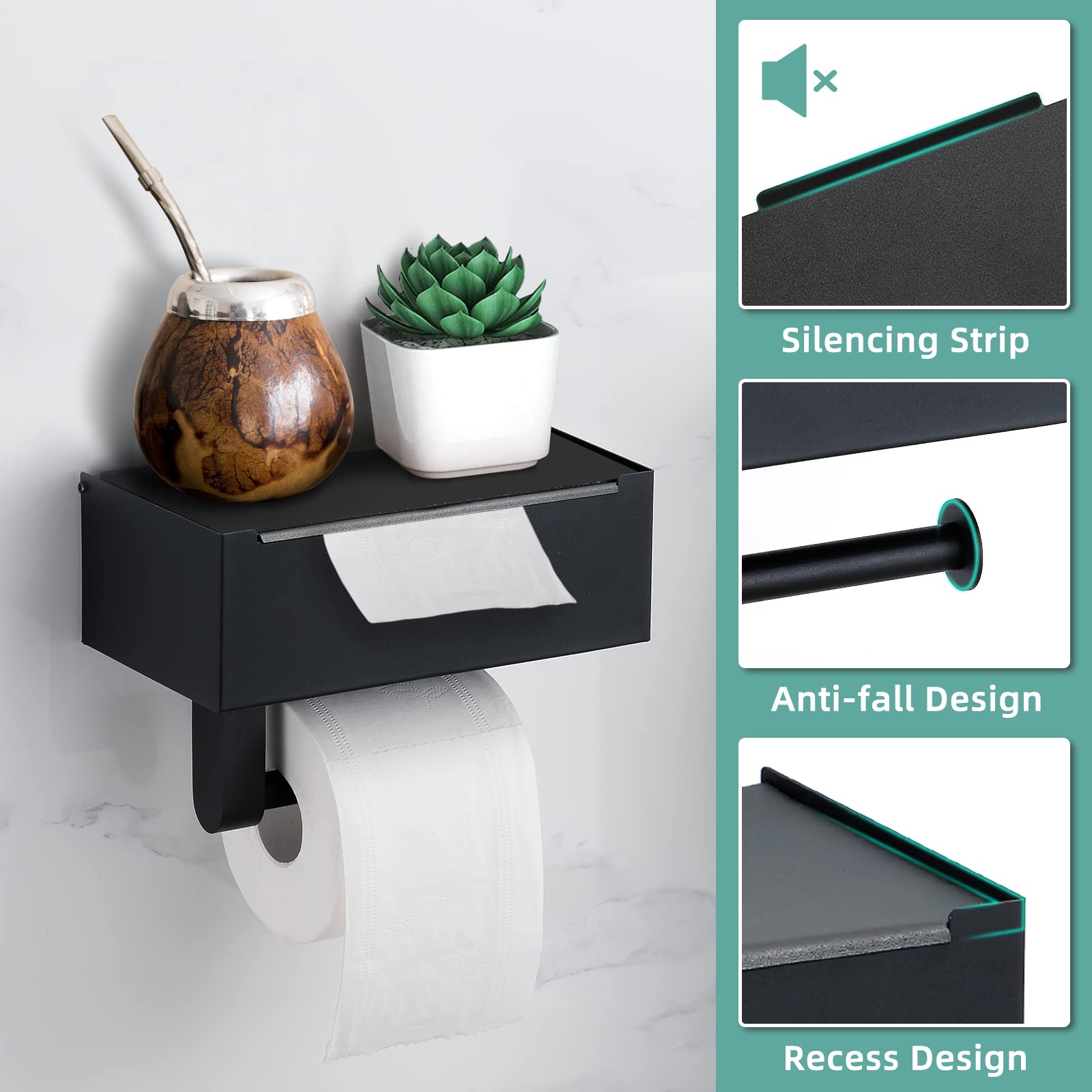 Matte Black Toilet Paper Holder with Shelf & Storage | 2-Pack Towel Robe Hooks | Flushable Wipes Dispenser | Adhesive or Screw Wall Mount | Bathroom Organization for Small Spaces & Modern Homes