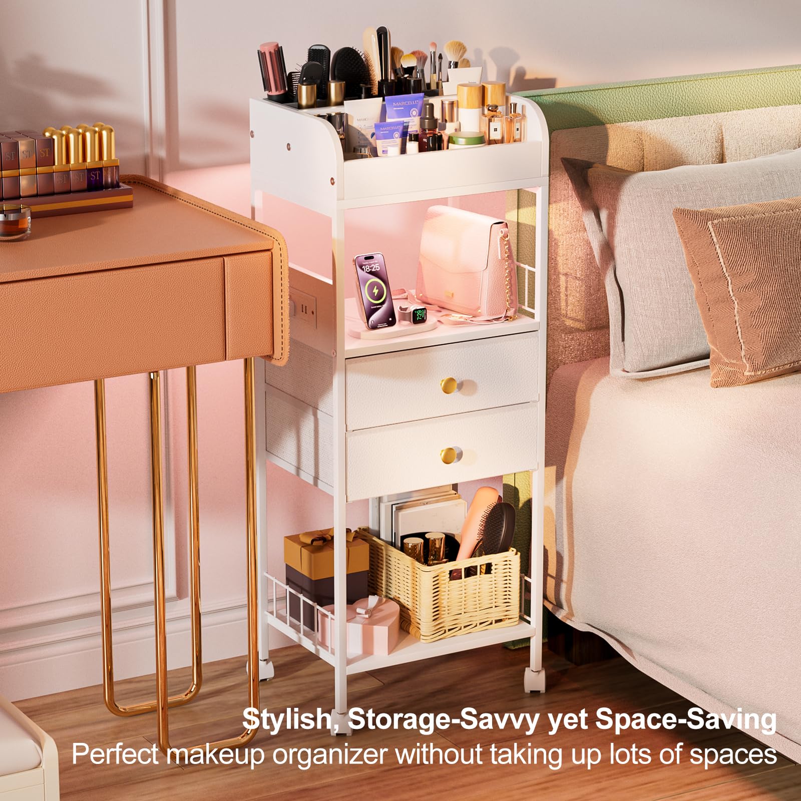 LED Makeup Organizer with Charging Station & Drawers - Vanity Cosmetic Storage Case for Makeup, Skincare, Nail Polish, Perfume & Hair Accessories - White | Perfect for Bedroom, Bathroom & Dressing Table Organization