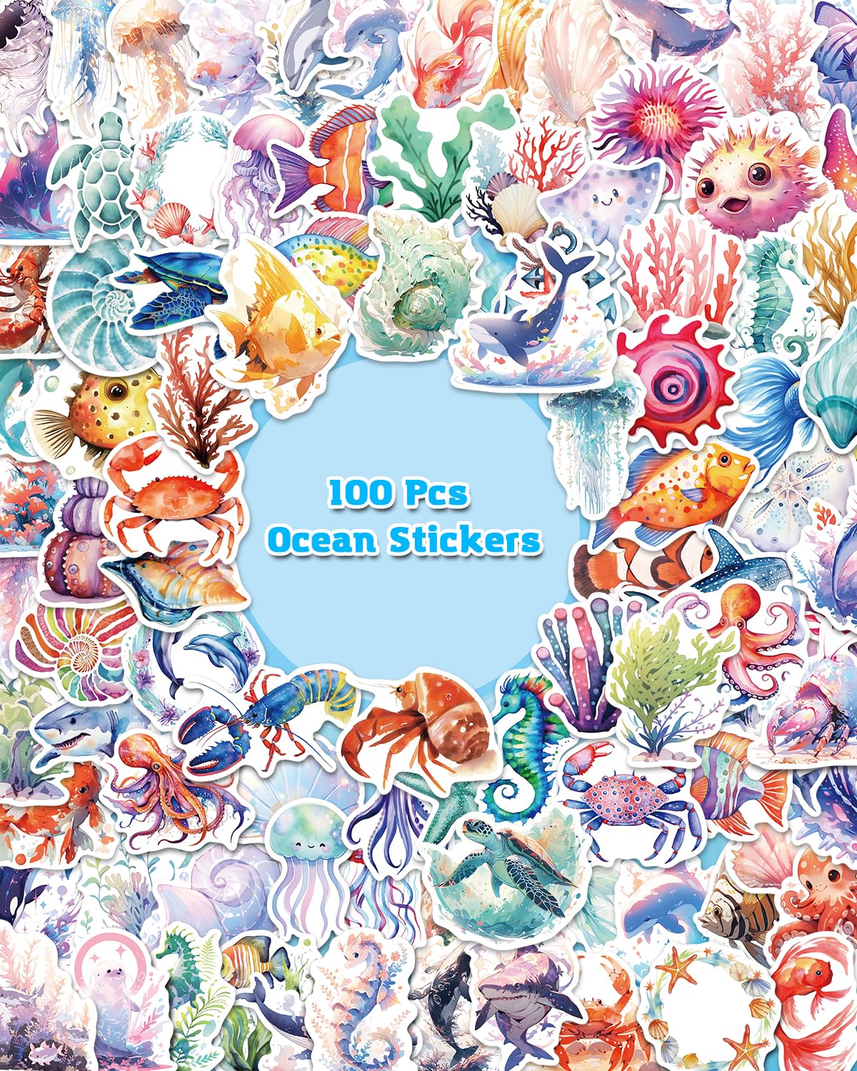 100 Pcs Ocean Animal Stickers - Cute Sea Creature Vinyl Stickers for Kids, Water Bottles, Laptop Decor - Perfect for Party Favors, DIY Crafts & Scrapbooking - Waterproof & Durable Decals for School, Home & Office Use