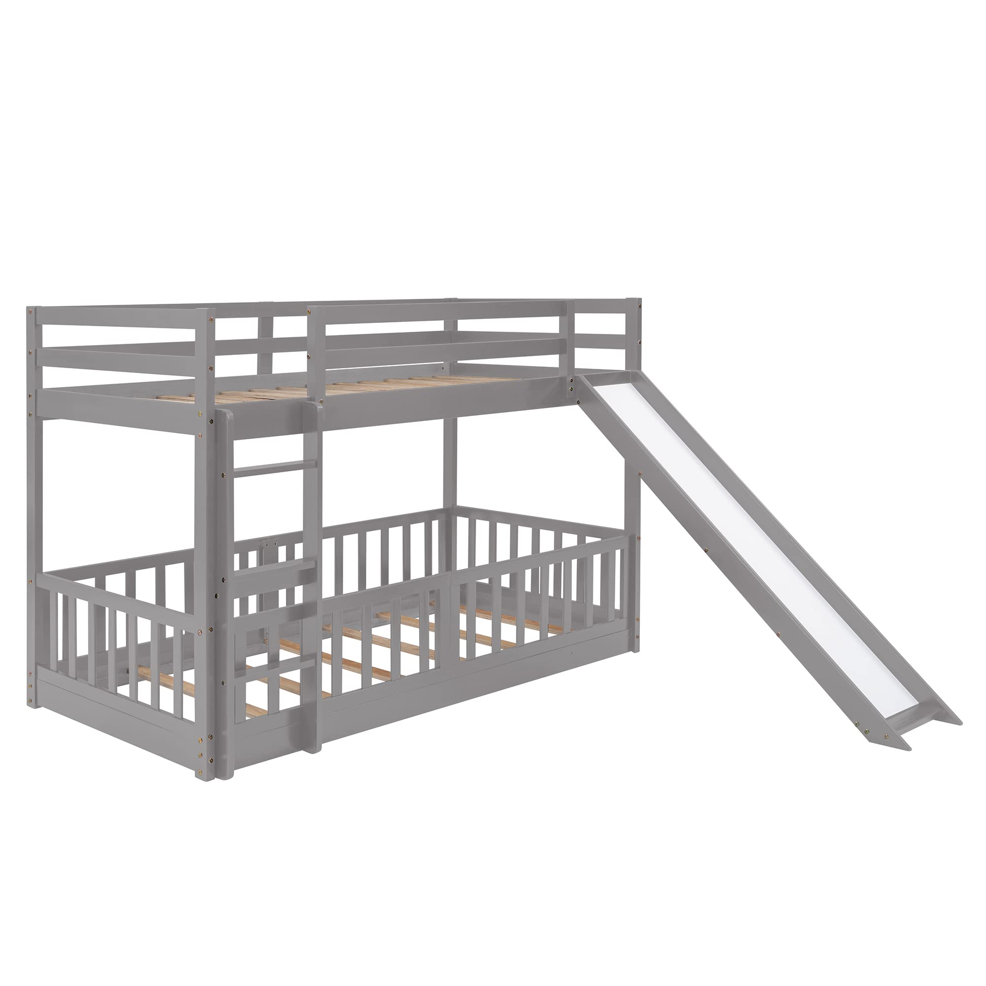 Twin Over Twin Bunk Bed with Slide and Ladder - Wooden Low Loft Bed Frame for Kids, Toddlers, Boys & Girls - Space-Saving Gray Bedroom Furniture for Small Rooms, Kids' Bedrooms & Sleepovers