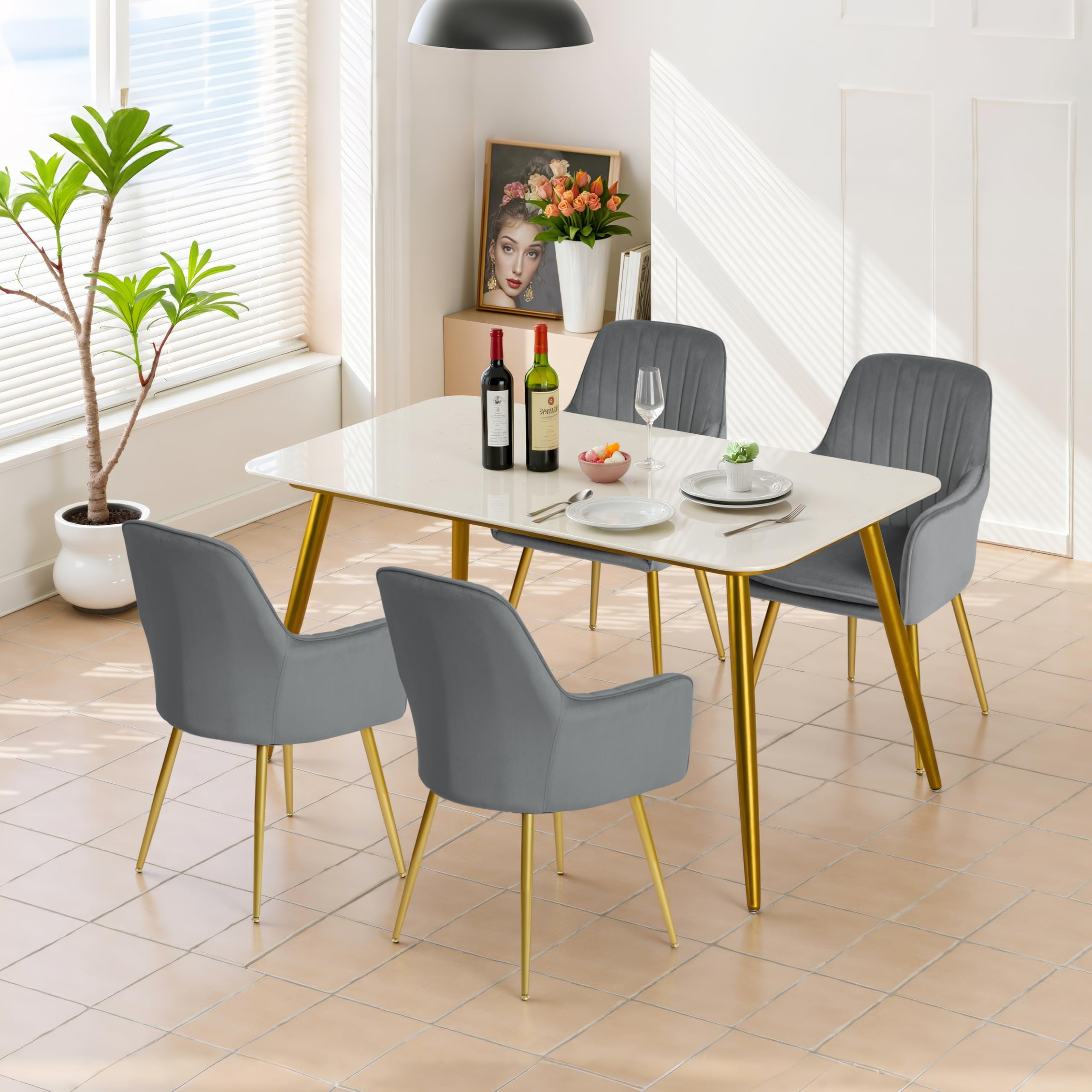 Mid Century Modern Velvet Dining Chairs Set of 2 - Upholstered Kitchen & Living Room Accent Chairs with Metal Legs - Grey | Perfect for Dining Room, Breakfast Nook & Home Office Decor