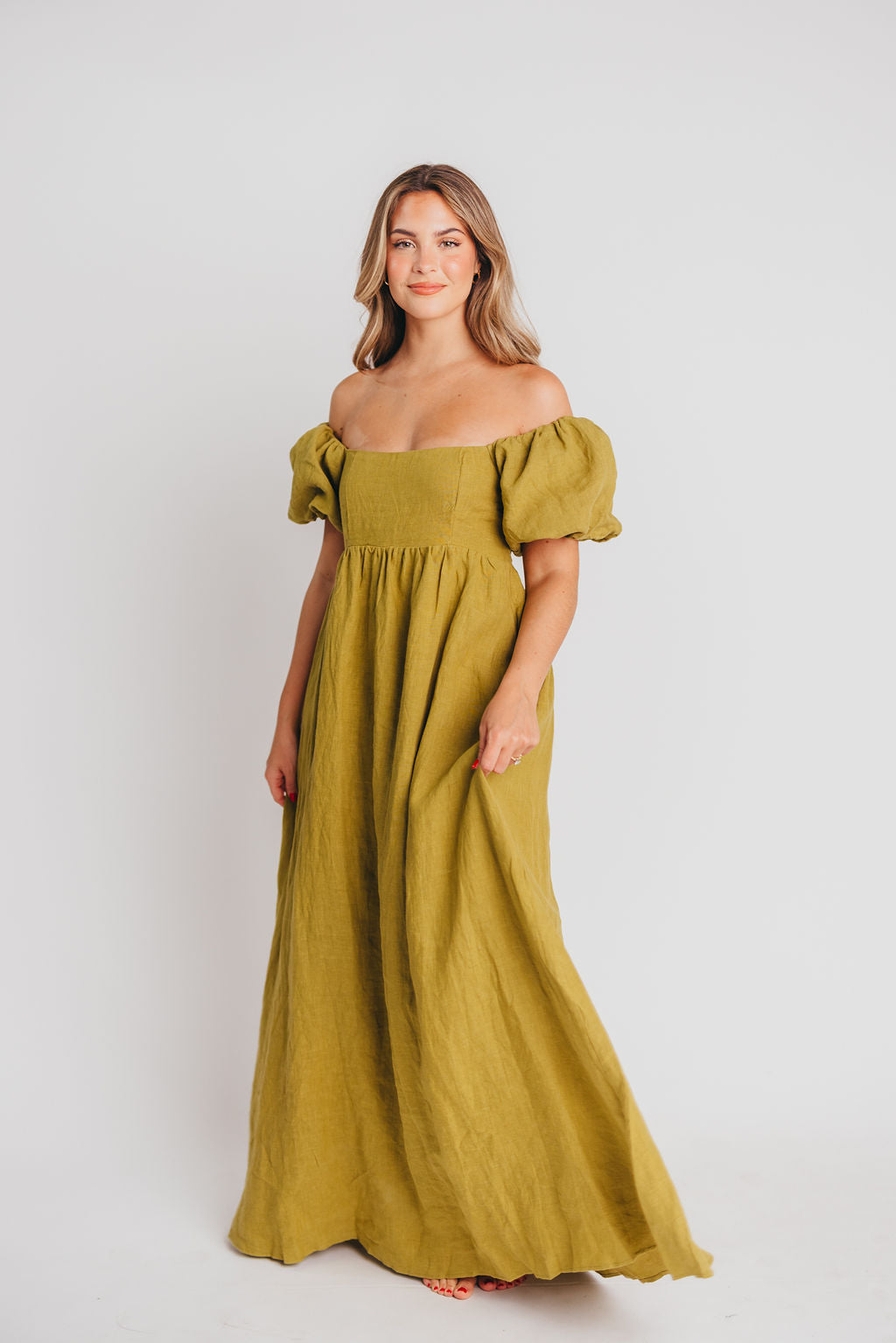 Candace Maxi Dress in Olive - 100% Linen Bump Friendly Maternity Dress for Women - Perfect for Summer, Beach, and Casual Outings