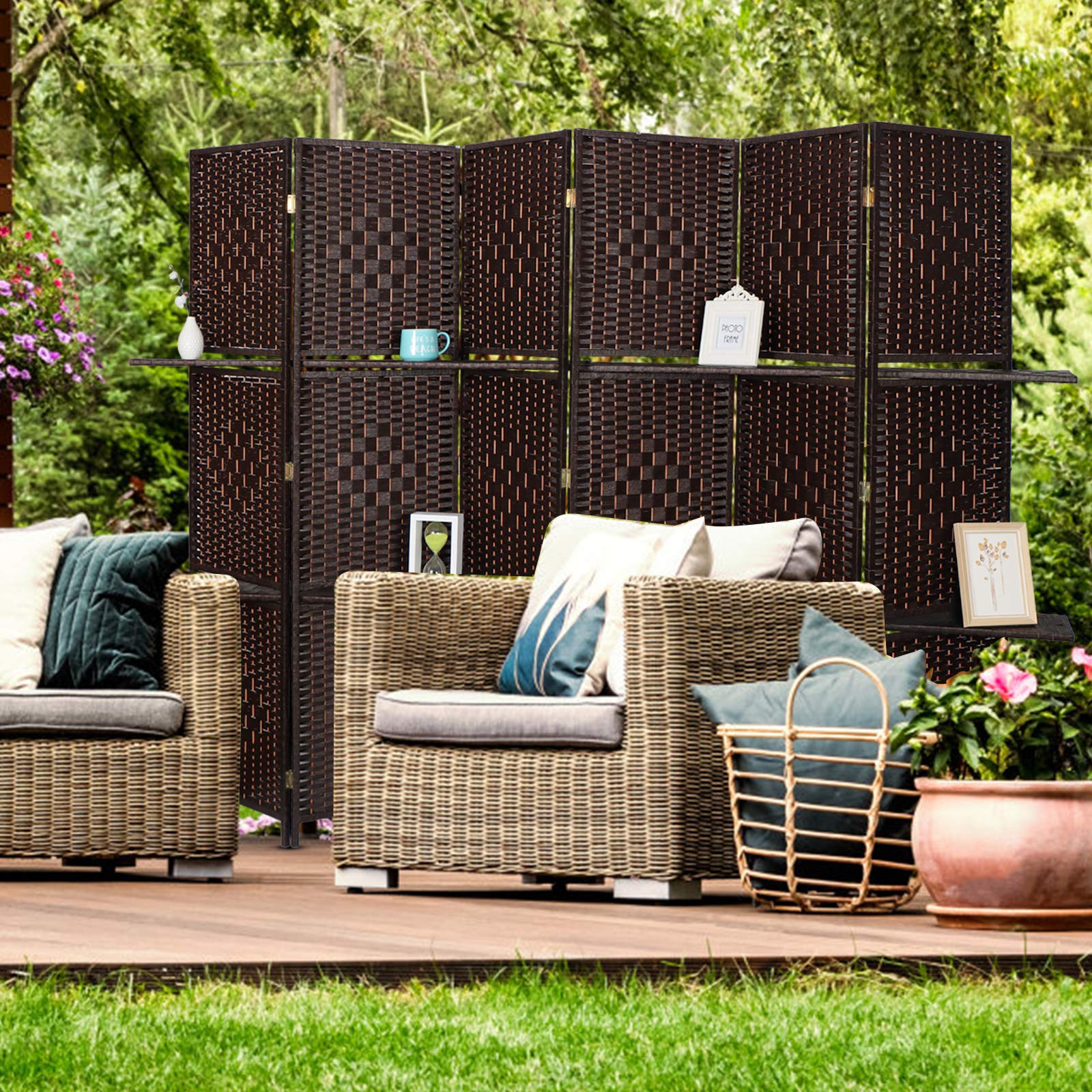 6 Panels 6 FT Tall Extra Wide Woven Fiber Room Divider with 2 Shelves - Double Hinged Folding Privacy Screen - Freestanding Partition for Living Room, Bedroom, Office (Coffee Brown)