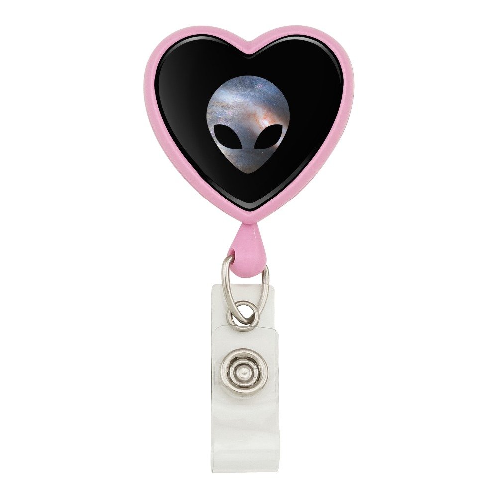 Alien Head in Space Heart Lanyard - Retractable ID Badge Holder with Reel for Work, School & Events - Pink (Perfect for Teachers, Nurses, Office & Conference Use)