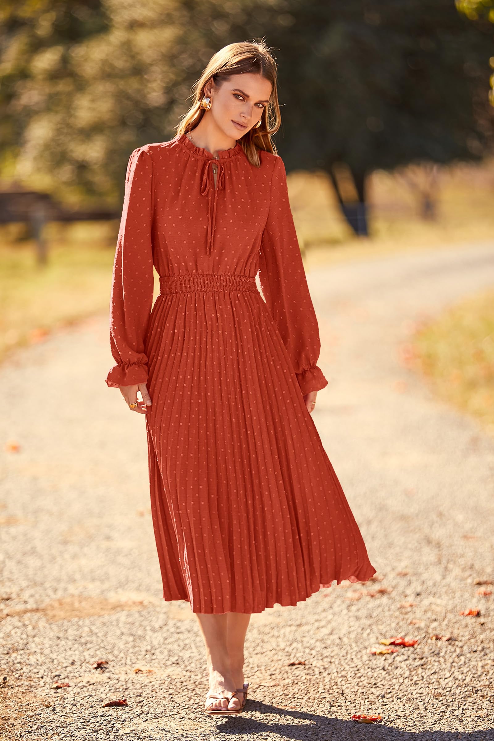 PRETTYGARDEN Women's 2025 Spring Fall Midi Dress - Casual Long Sleeve V-Neck Swiss Dot Pleated A-Line Flowy Dress for Work, Date Night & Special Occasions