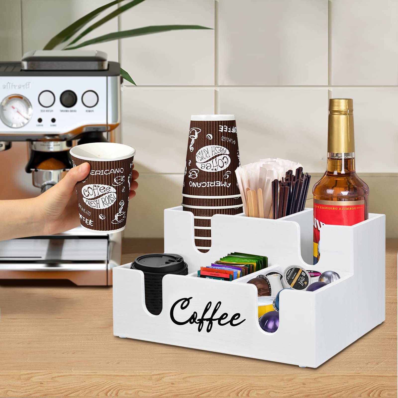 Wooden Coffee Station Organizer - 6 Compartment Countertop Lid Holder, Paper Cup Dispenser & Condiment Storage | Perfect for Kitchen, Office & Coffee Bar Organization