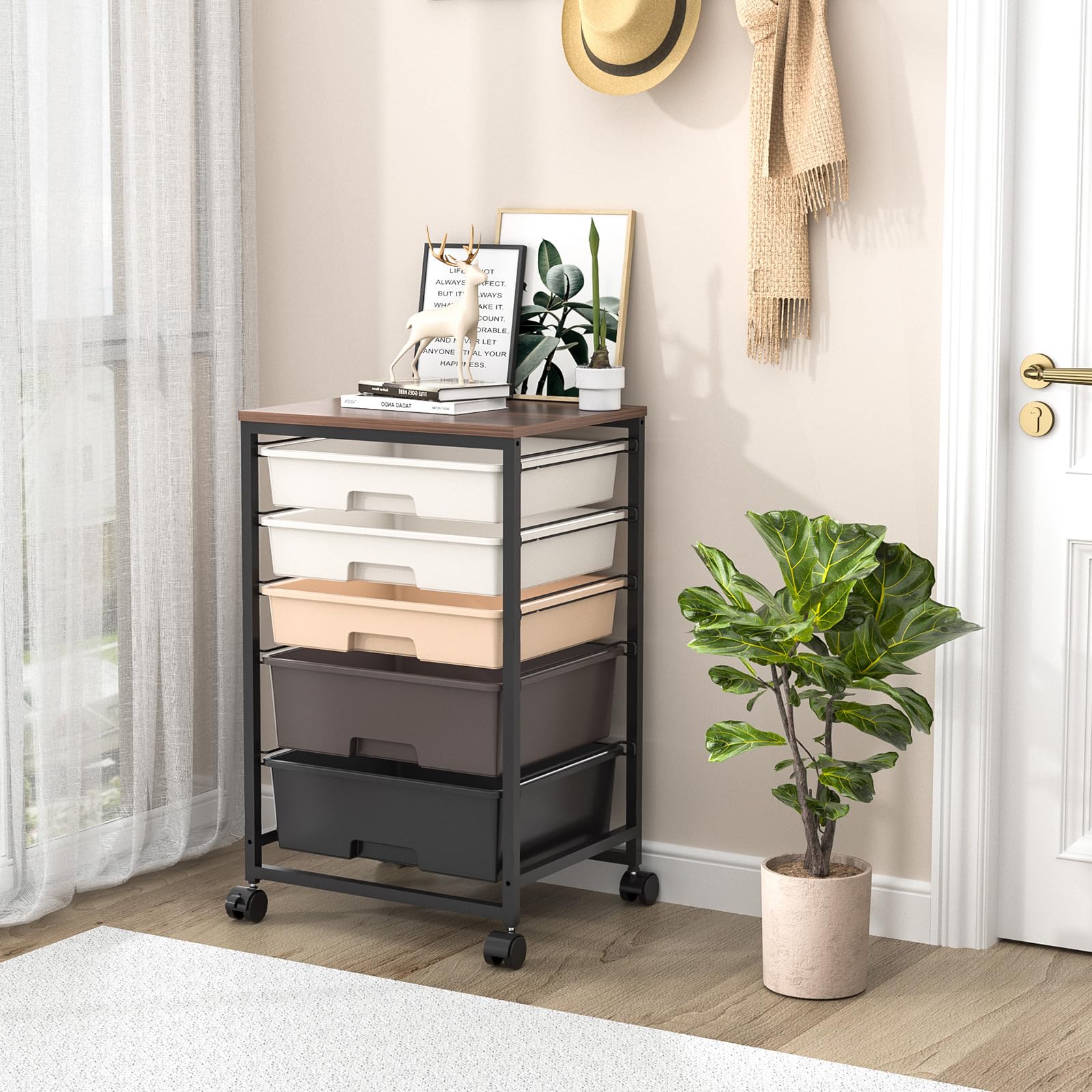 5-Drawer Utility Cart with Wooden Tabletop & Lockable Wheels - Large Capacity Rolling Storage Cart for Office, Kitchen, or Workshop Organization (Brown)