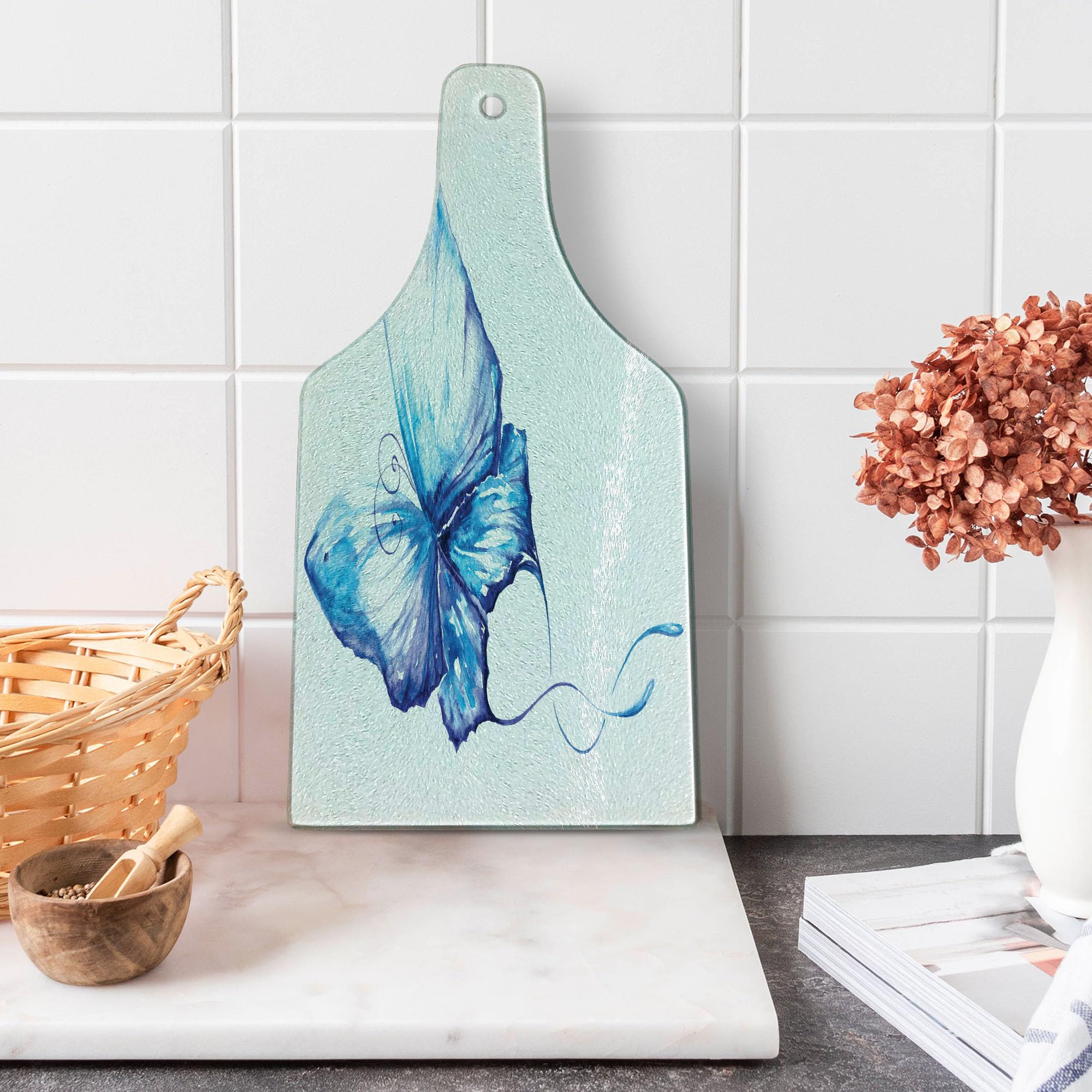 Ambesonne Watercolor Cutting Board - Hand Drawn Blue Butterfly Design, Nature Inspired Art with Soft Brush Strokes - Tempered Glass Serving Board for Kitchen & Dining - Wine Bottle Shape in Blue & White - Perfect for Charcuterie, Cheese Display & Party Serving