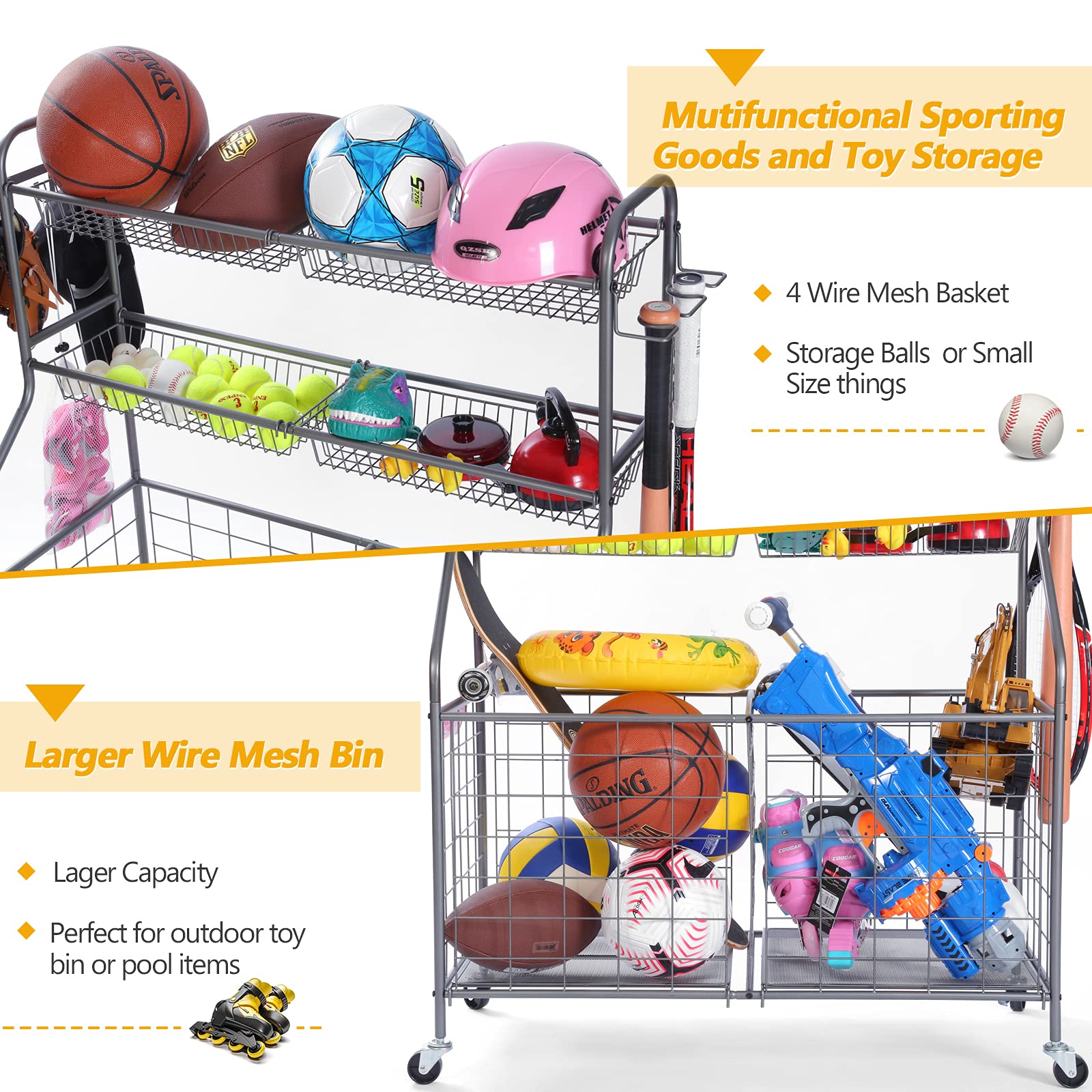 Kinghouse Heavy-Duty Steel Garage Sports Equipment Organizer - Ball Storage Rack & Toy Organizer with Wheels for Nerf Guns, Basketballs, Soccer Balls - Perfect for Garage, Playroom & School Organization (Grey)