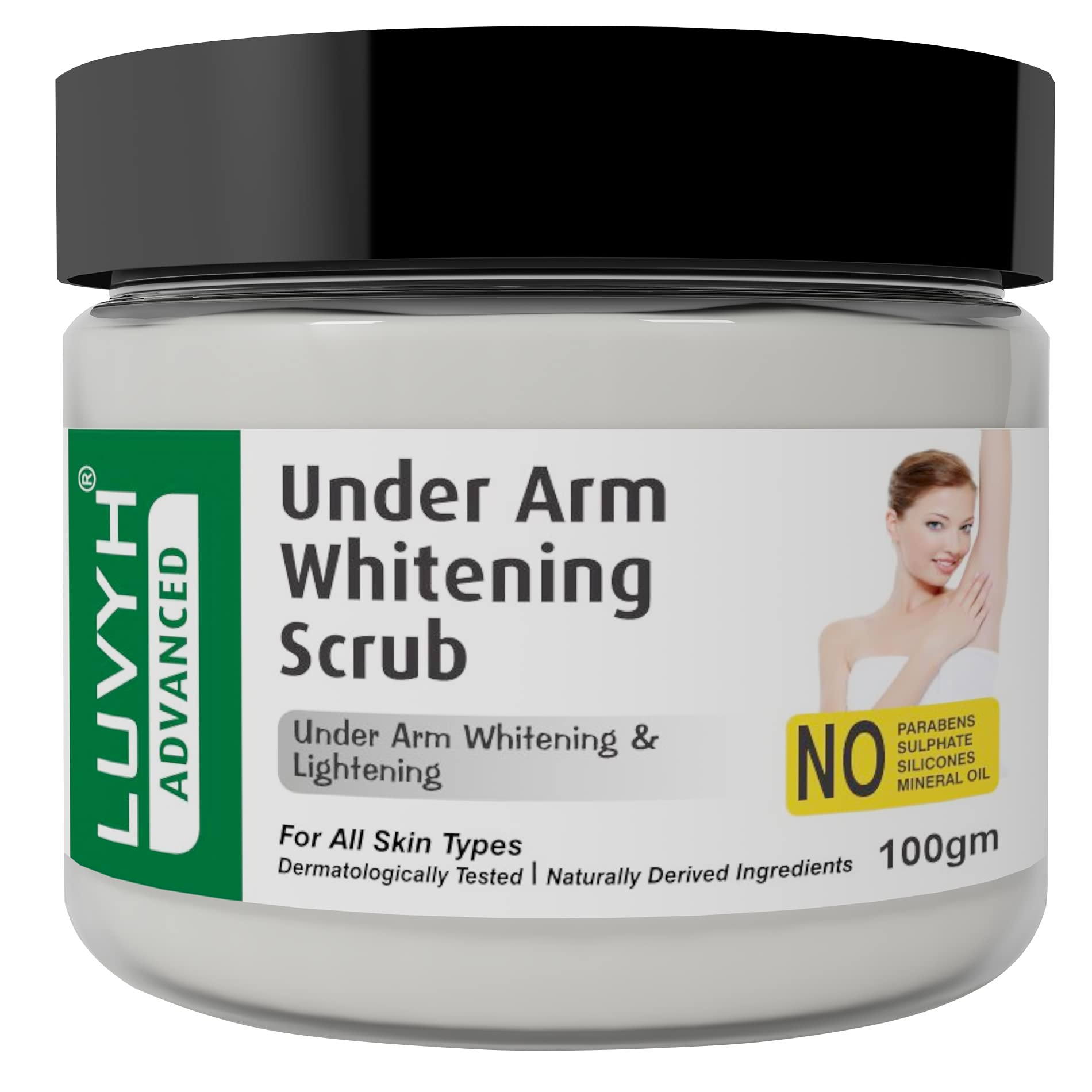 Luvyh Underarms Body Scrub for Dark Back, Arms & Elbows - Natural Tan Removal Exfoliator (100g) for All Skin Types | Paraben-Free, Sulfate-Free, Silicone-Free | Perfect for Post-Sun Care & Skin Brightening