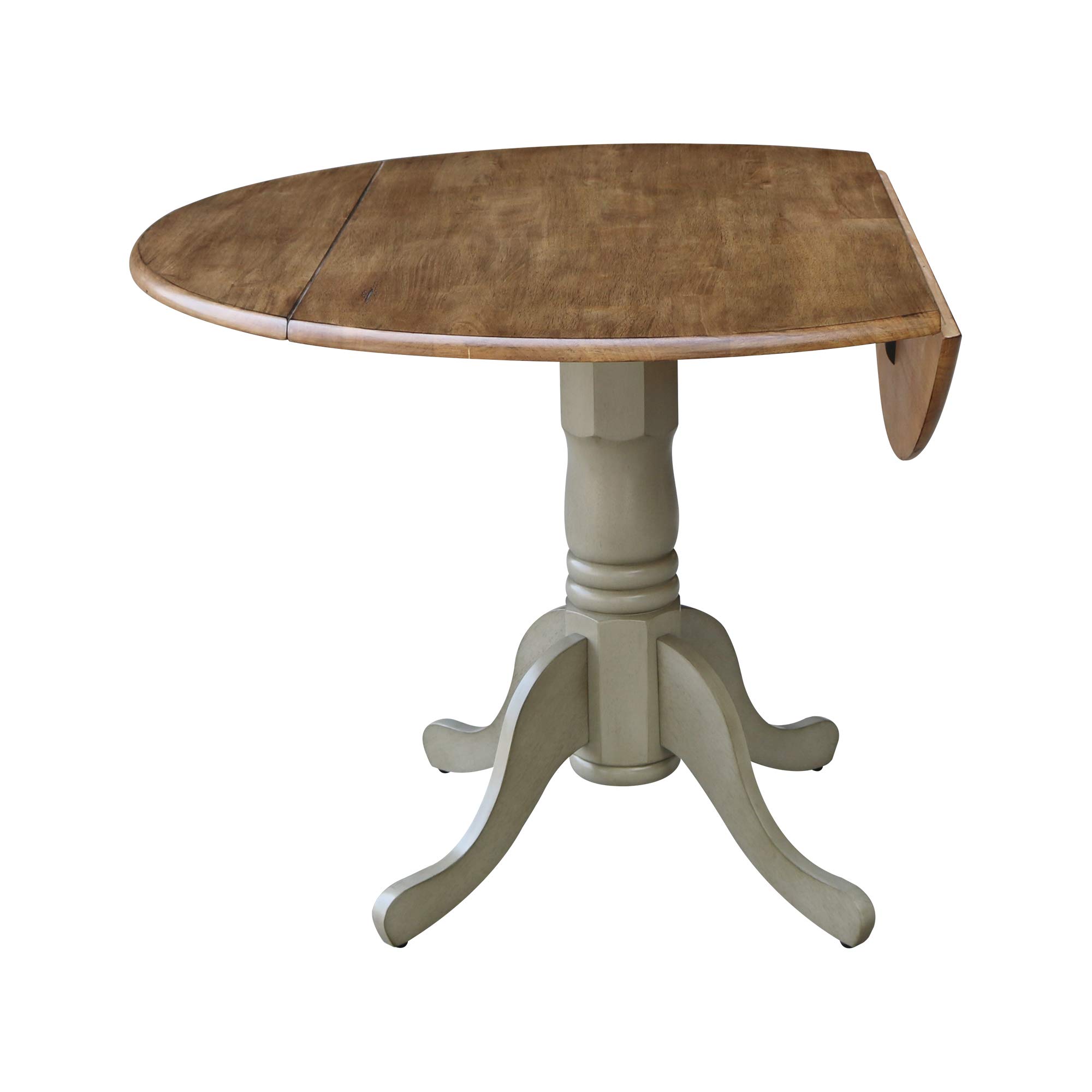 IC International Concepts 42-Inch Round Dual Drop Leaf Pedestal Dining Table - Solid Real Parawood with Distressed Hickory/Stone Finish | Perfect for Small Spaces, Kitchen Nooks & Cozy Dining Rooms