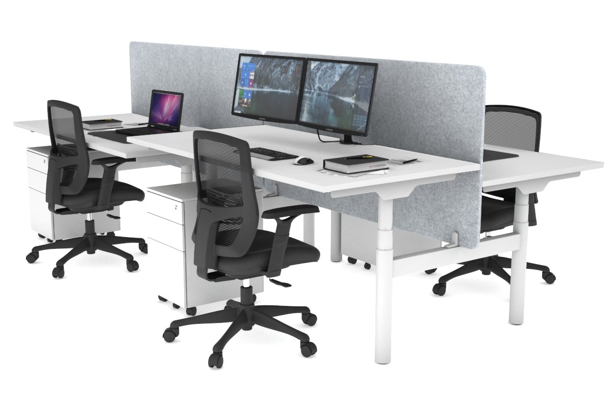 Flexi Premium Height Adjustable 4-Person H Bench Workstation - White Frame [1400L x 800W with Cable Management] - Ideal for Office, Coworking Spaces & Home Offices