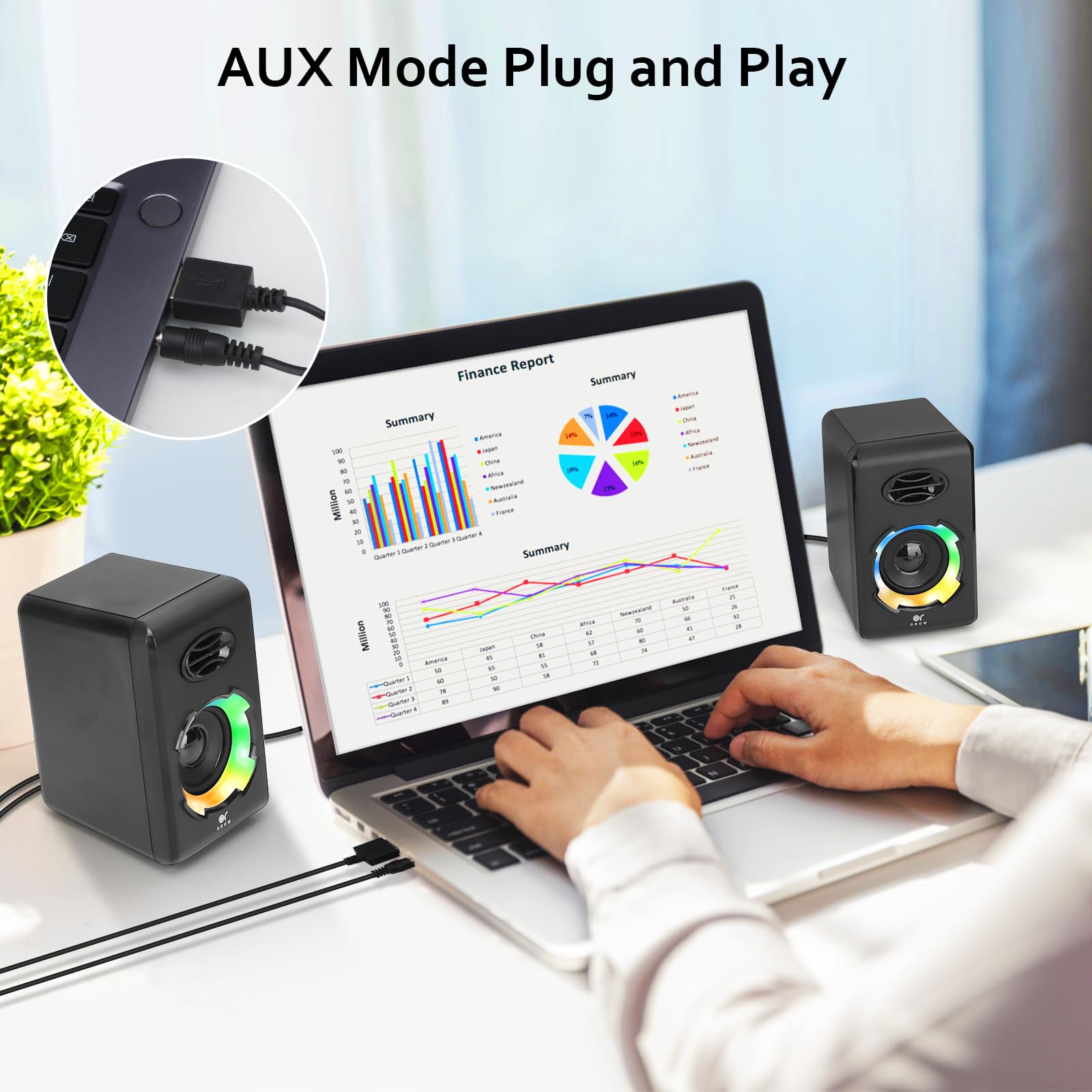 OROW RGB Gaming Computer Speakers with 6 Color Light Modes - USB Powered PC Speakers, Bluetooth 5.0 & 3.5mm AUX Connectivity for Desktop, Laptop, Monitor - Perfect for Gaming Setup, Home Office, and Entertainment (Black)