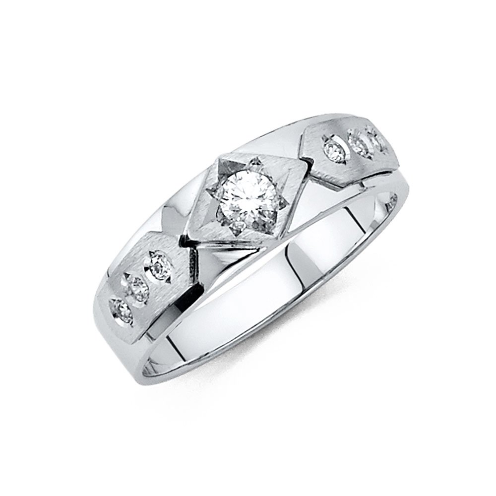 14K White Gold Round Cubic Zirconia Men's Wedding Band Ring - Elegant Anniversary Gift for Him, Engagement Ring, Promise Ring, or Special Occasion Jewelry