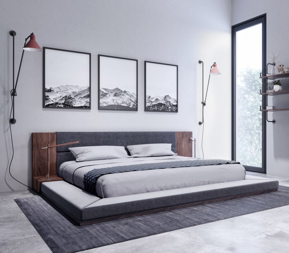 Modern Fabric Upholstered Walnut Veneer Platform Bed with Built-in Nightstands - Queen Size Bed Frame in Gray & Brown | Cimarron Collection | Perfect for Master Bedroom, Guest Room & Small Space Living