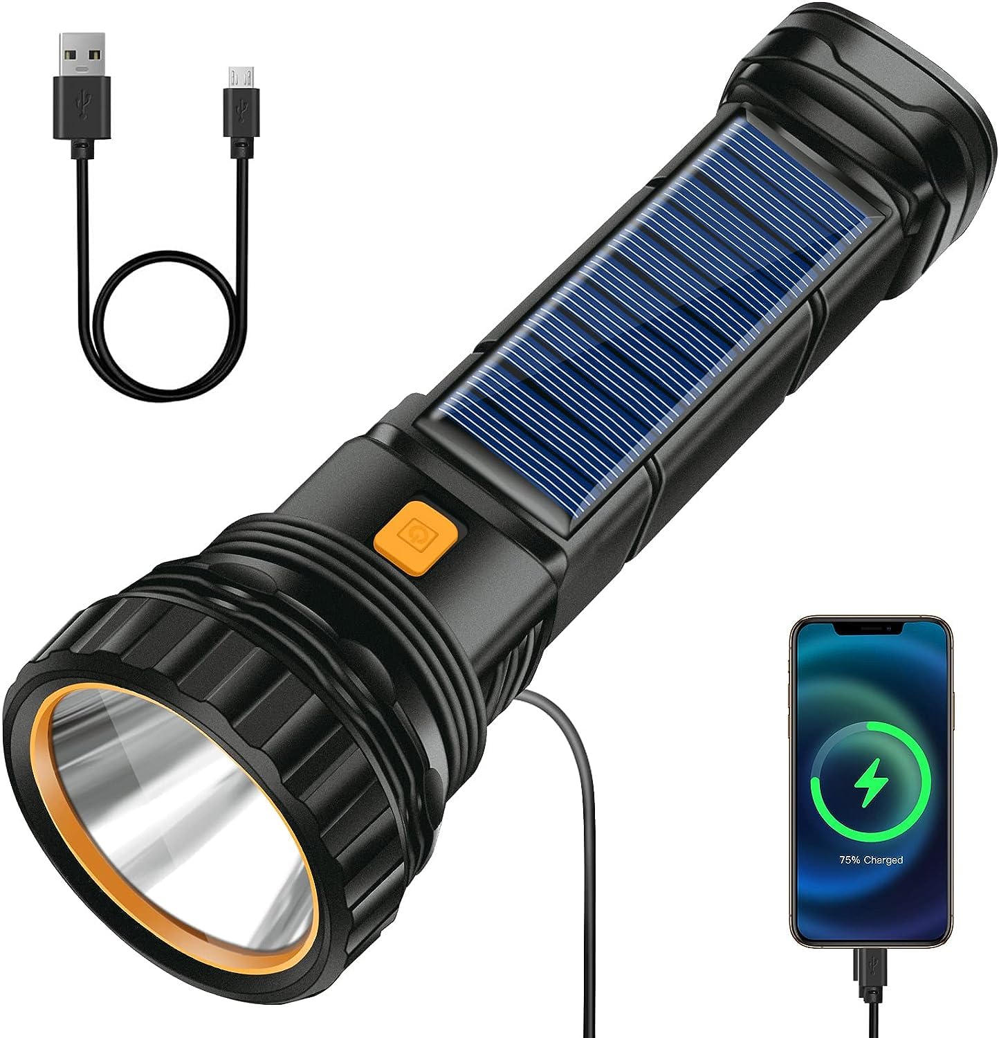 **1000 Lumens Solar/Rechargeable LED Flashlight with Emergency Strobe Light, 1200mAh Battery & USB Charging Cable – Fast Charging, Portable Power Supply for Camping, Hiking & Emergency Preparedness**