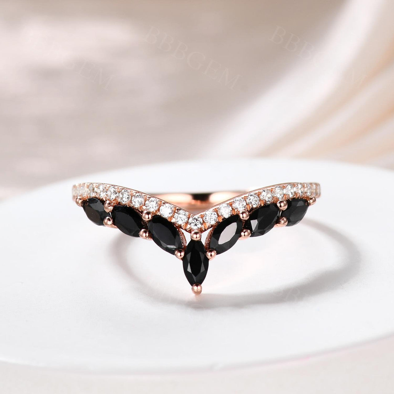 Three Stone Coffin Shaped Promise Ring Set - Black Rutilated Quartz & Black Spinel Band in Rose Gold - Perfect for Engagement, Anniversary & Gothic Jewelry Lovers