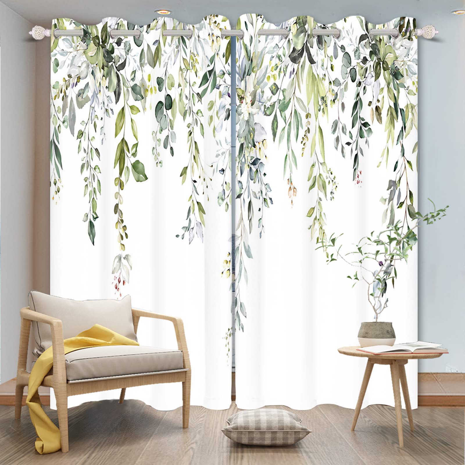 Yeele 42x85 Inches Green Leaves Window Curtains - Nature Inspired Botanical Print Grommet Drapes, 2 Panels Set for Living Room, Bedroom & Kitchen | Perfect for Spring Decor & Rustic Home Style