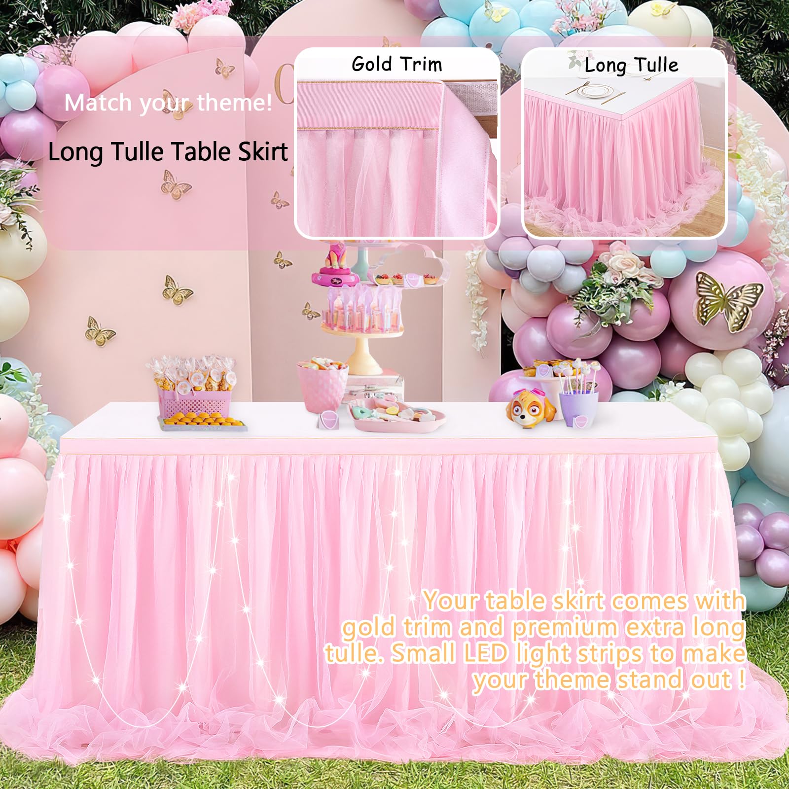 6ft Pink Tulle Table Skirt with LED Lights - Elegant Table Cover for Rectangle & Round Tables | Perfect for Baby Showers, Princess Birthday Parties, Cake & Dessert Table Decorations | Wedding, Quinceañera & Bridal Shower Decor
